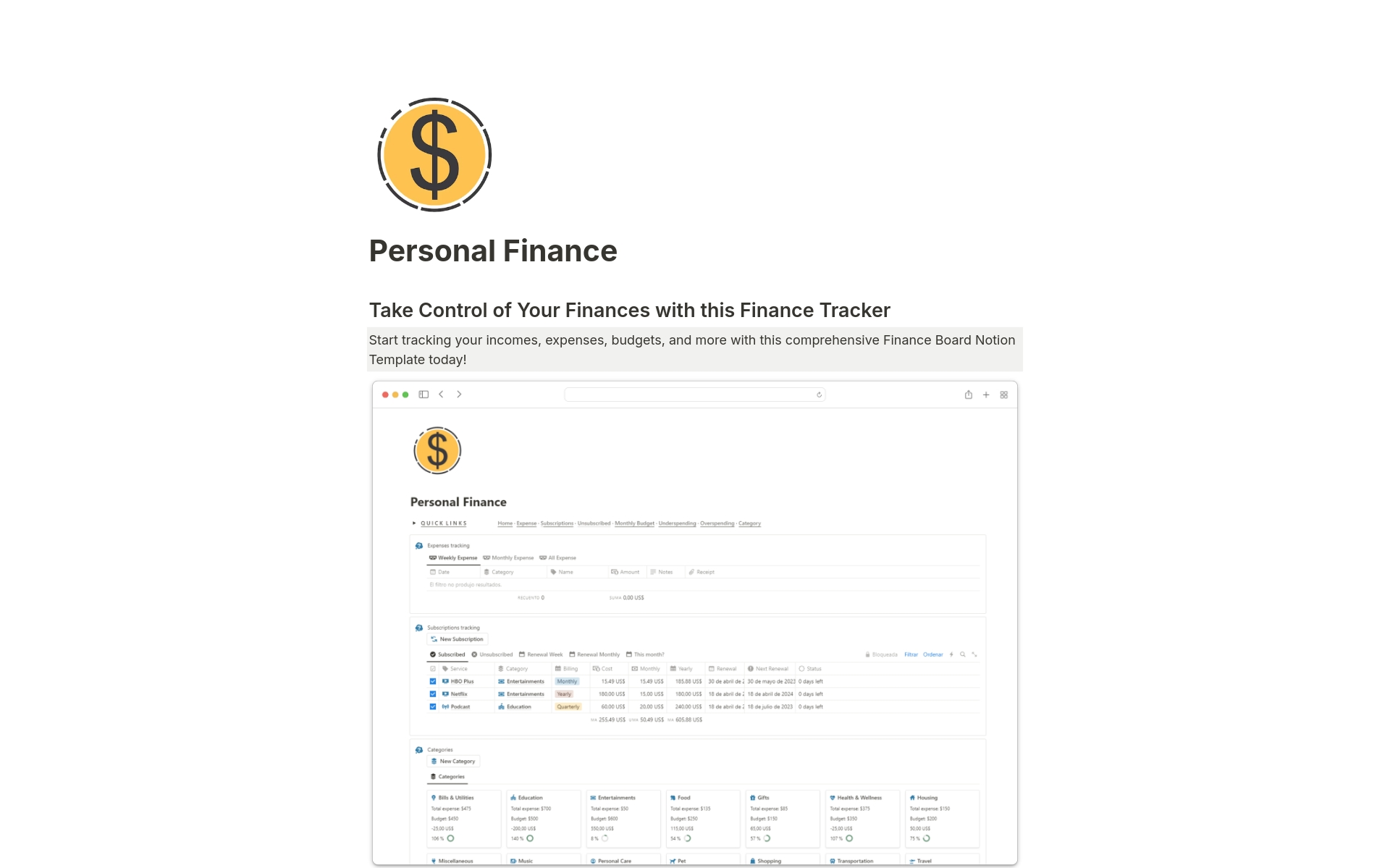 Vista previa de una plantilla para Personal Finance