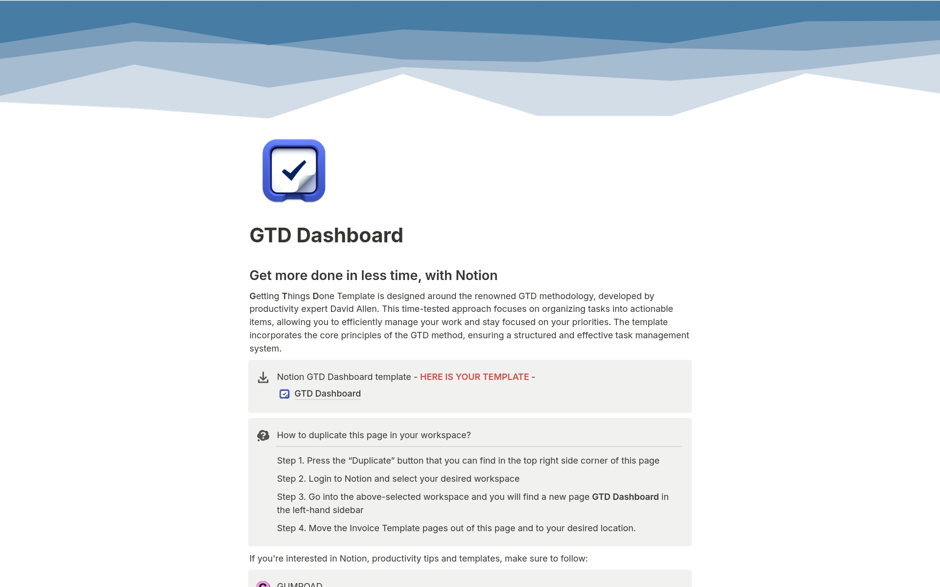 A template preview for GTD Dashboard