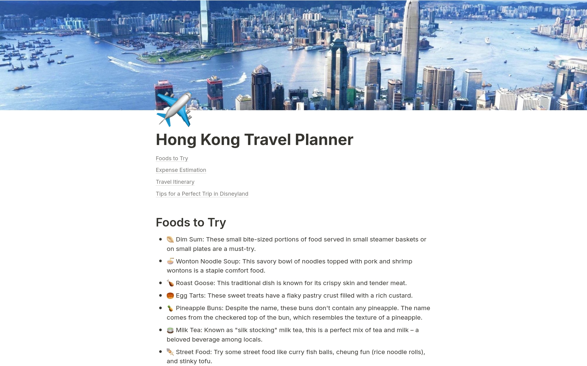 A template preview for Hong Kong Travel Planner