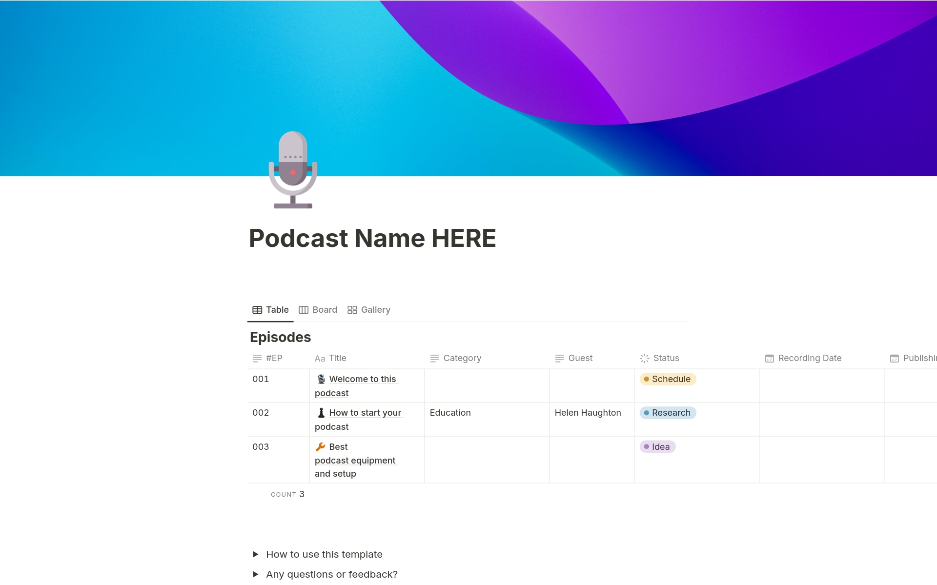 Aperçu du modèle de Podcast Episode Tracker and Planner