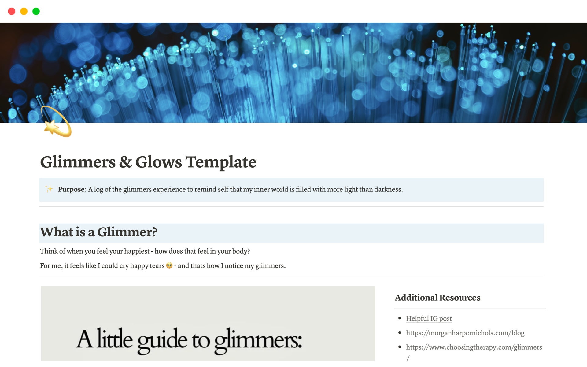 A template preview for Glimmers & Glows