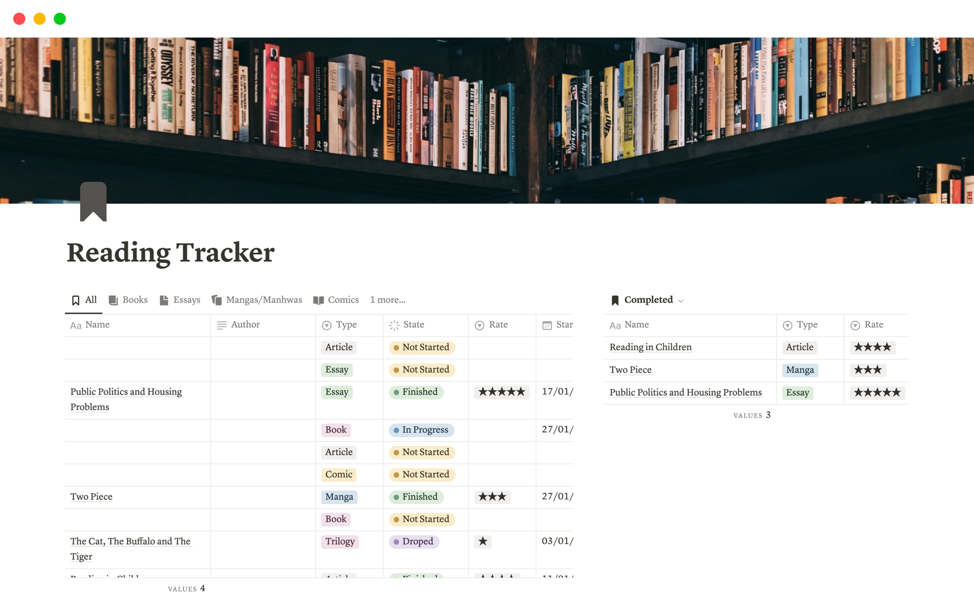 Vista previa de una plantilla para Reading Tracker Books, Comics, Essays and Articles