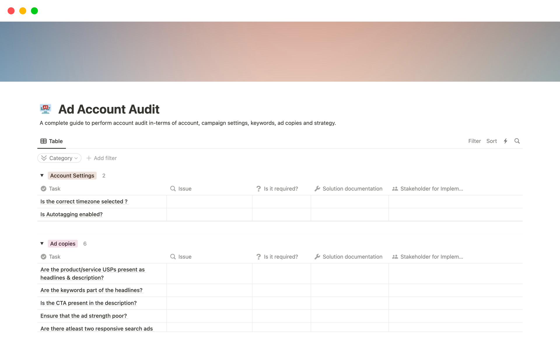 A template preview for Ad Account Audit