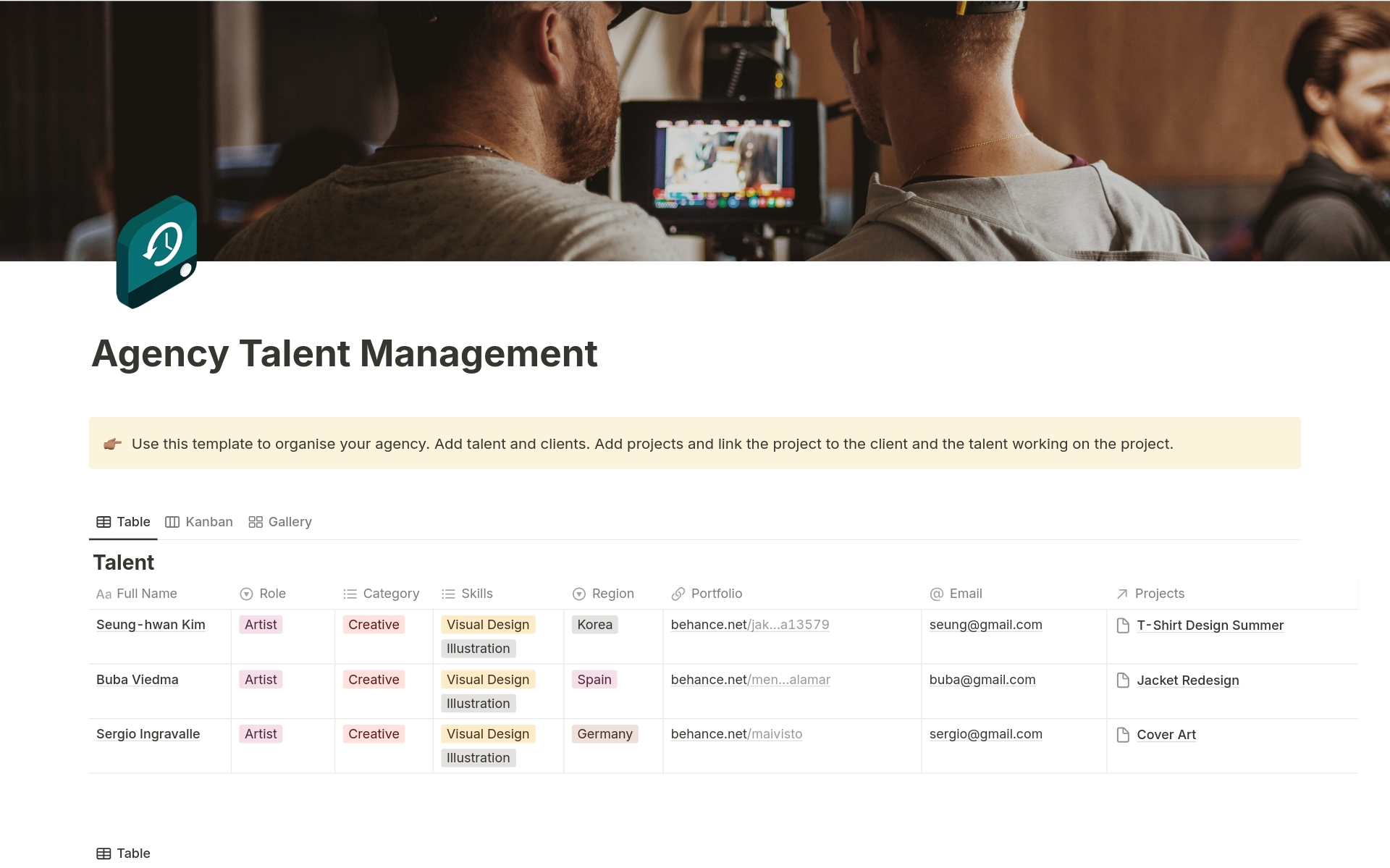 A template preview for Agency Talent Management