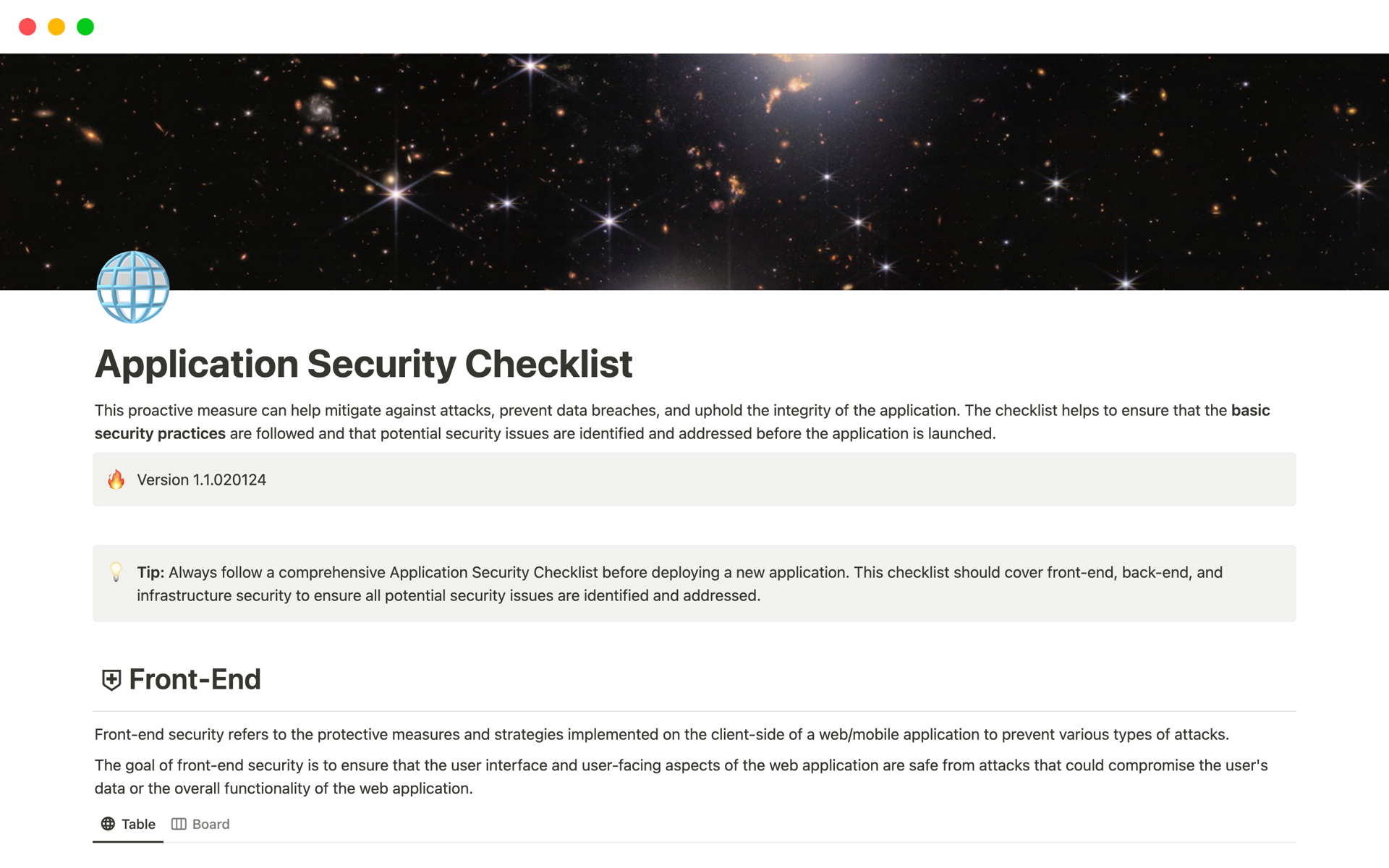 Vista previa de una plantilla para Application Security Checklist