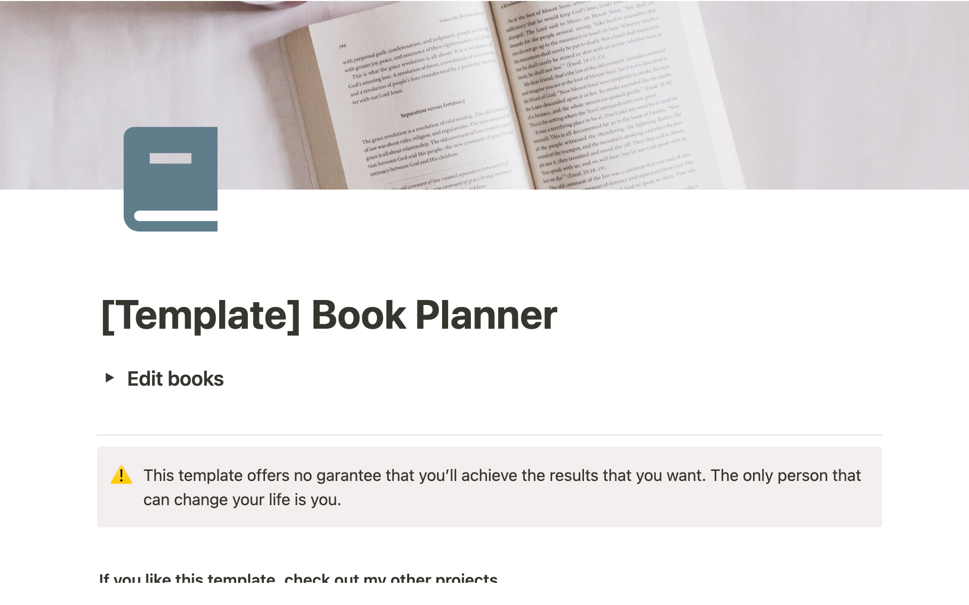 Vista previa de una plantilla para The 1-Page Notion Book Planner
