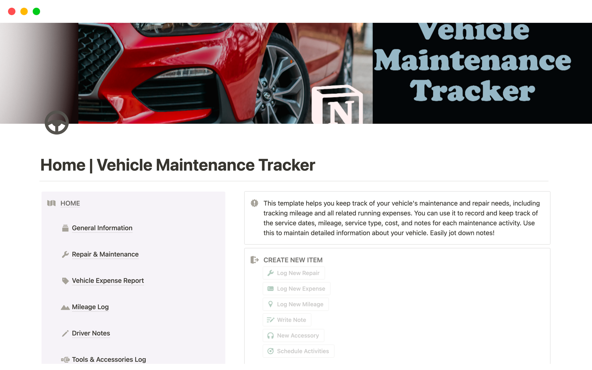 Vehicle Repair & Maintenance Trackerのテンプレートのプレビュー