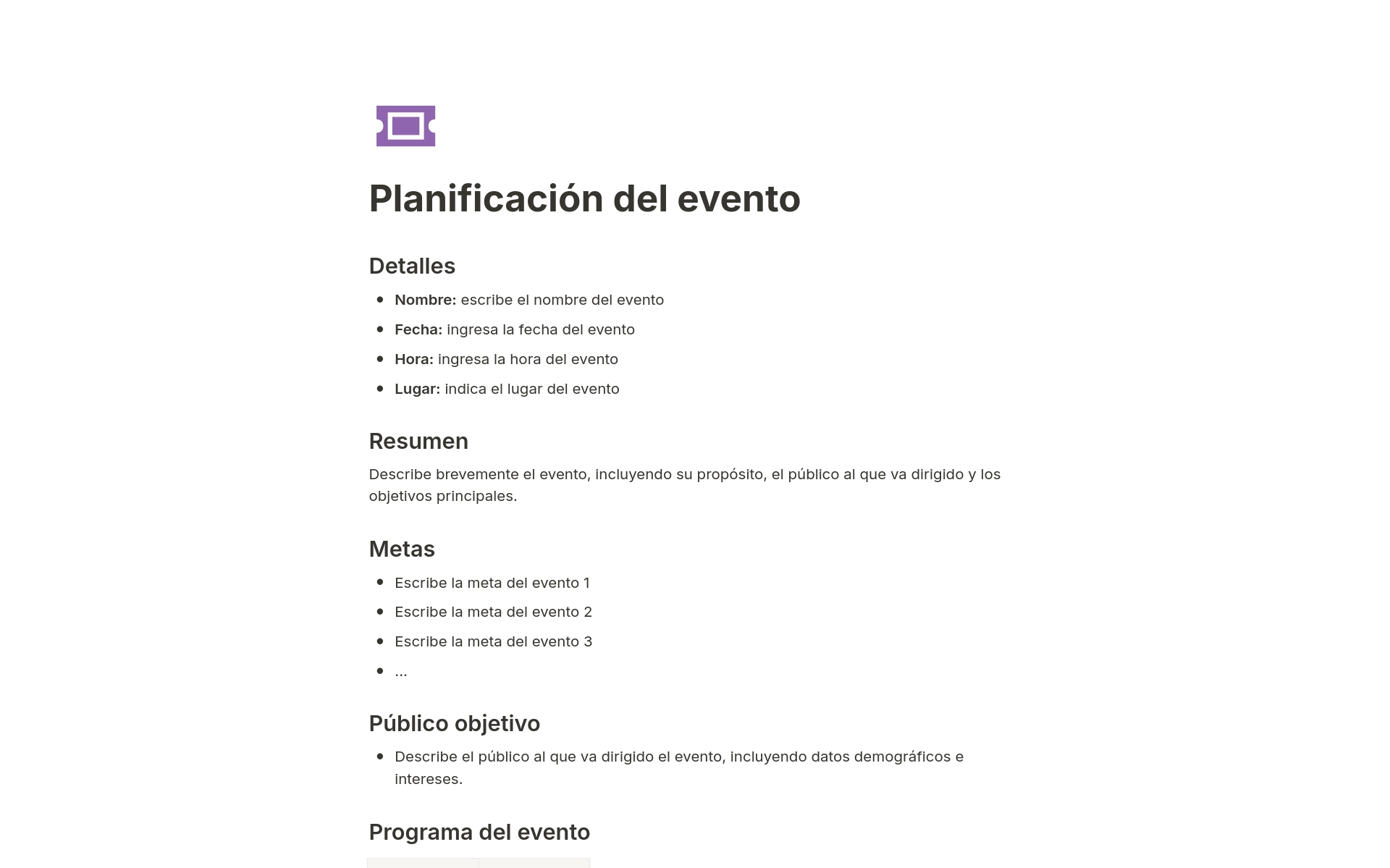 Vista previa de una plantilla para Planificación del evento