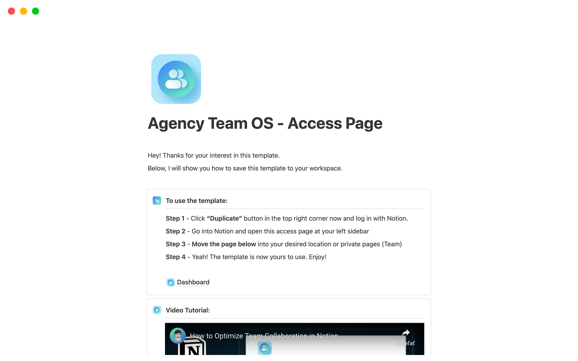 A template preview for Agency Team OS