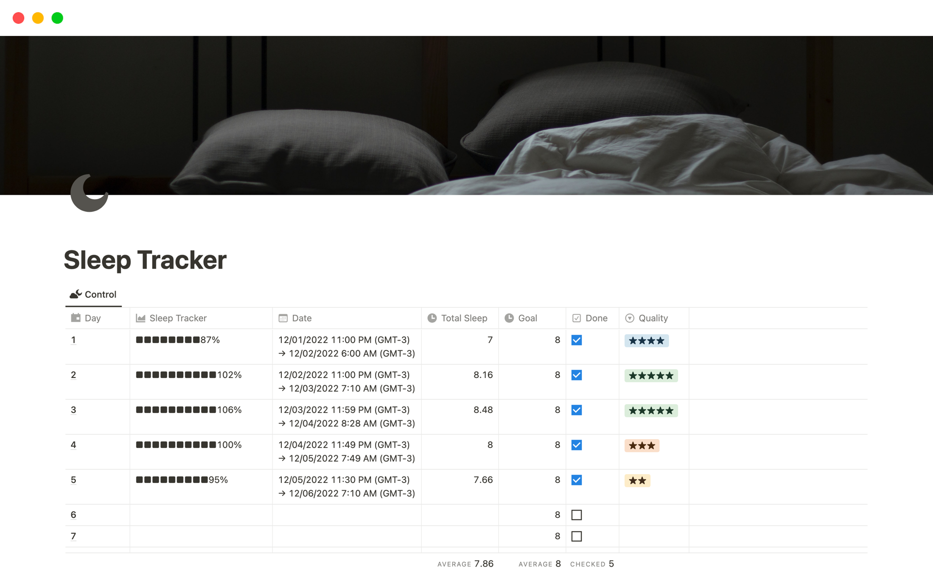 Vista previa de una plantilla para Sleep Tracker