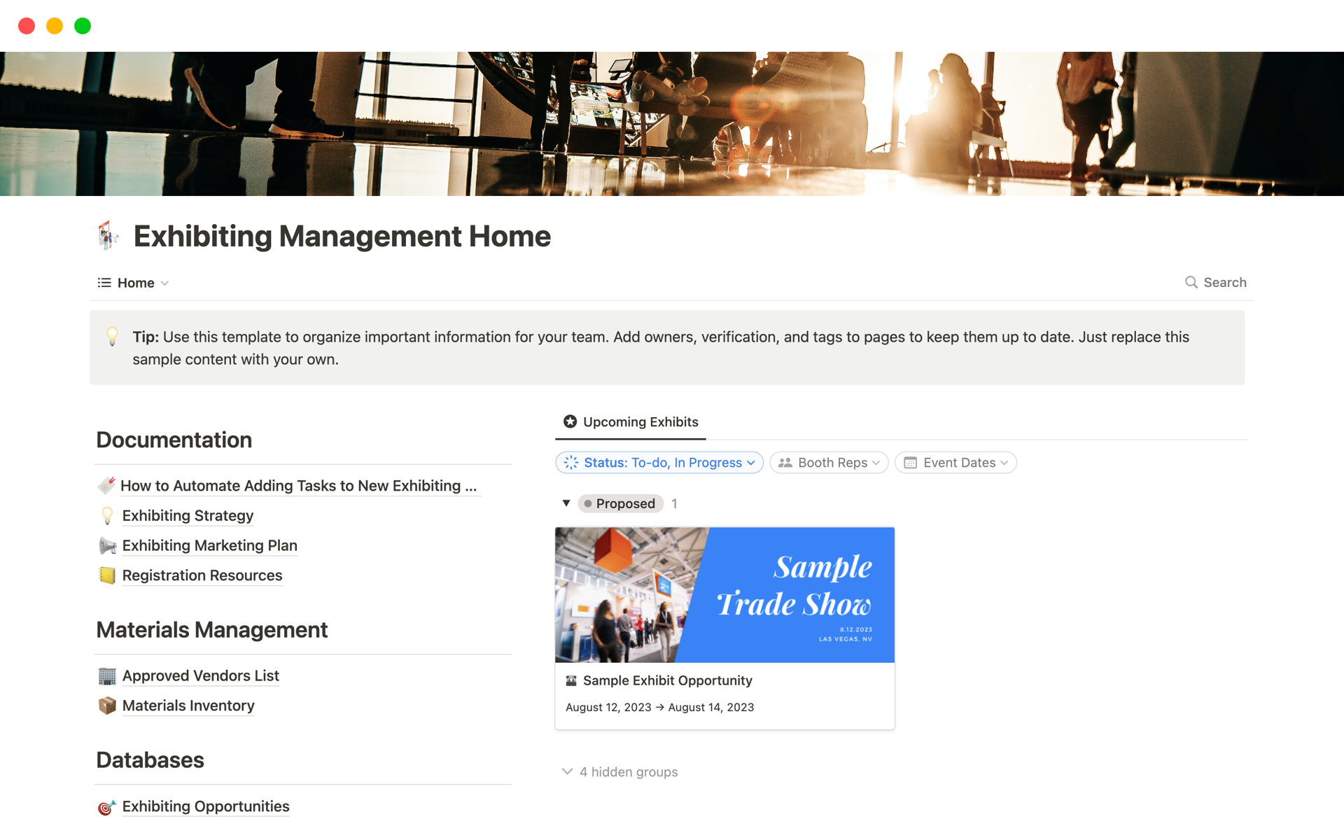 A template preview for Exhibiting Management Home