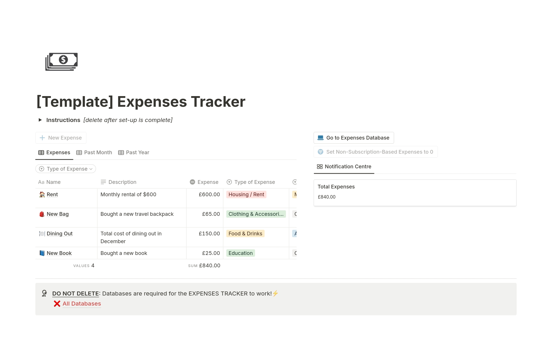 Vista previa de una plantilla para Expenses Tracker