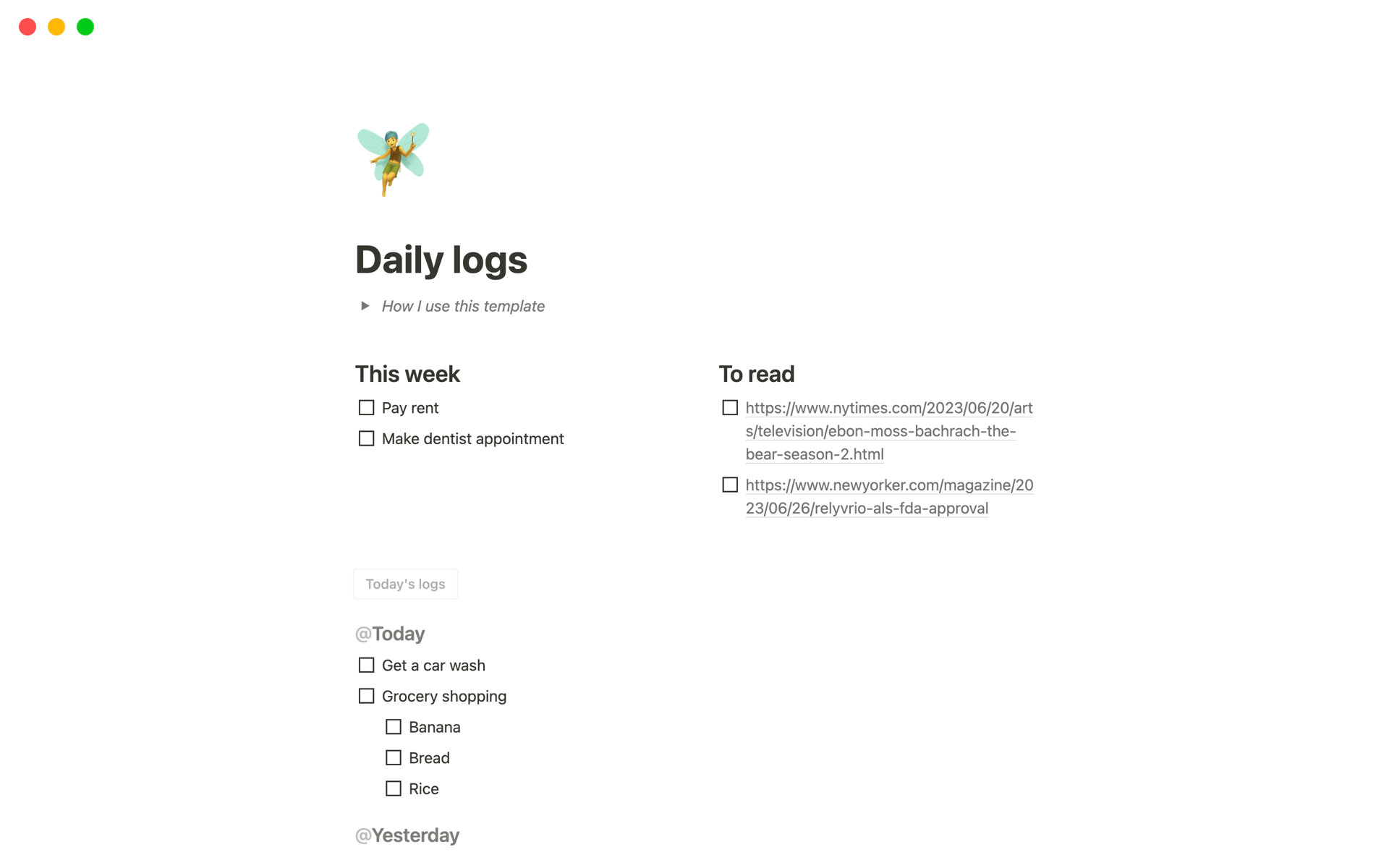 A template preview for Daily logs