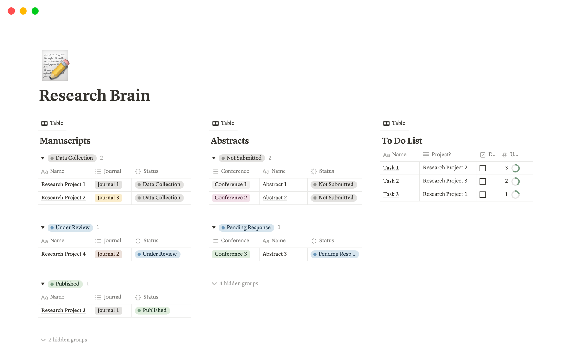 A template preview for Research Brain