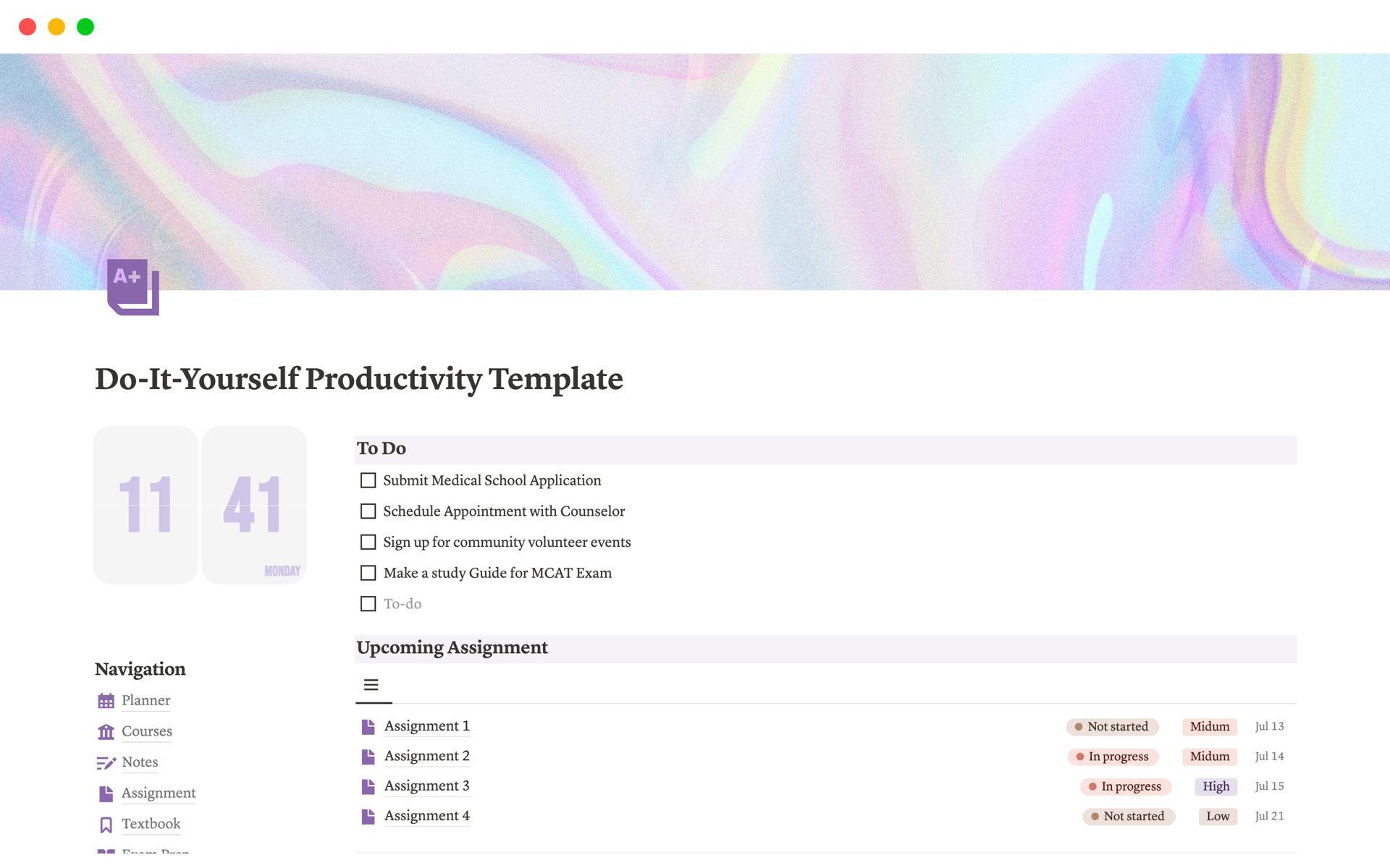 This " Do-It-Yourself Productivity Template " student template allows you to coordinate, organize, and track every detail of your academic life in one central hub. 