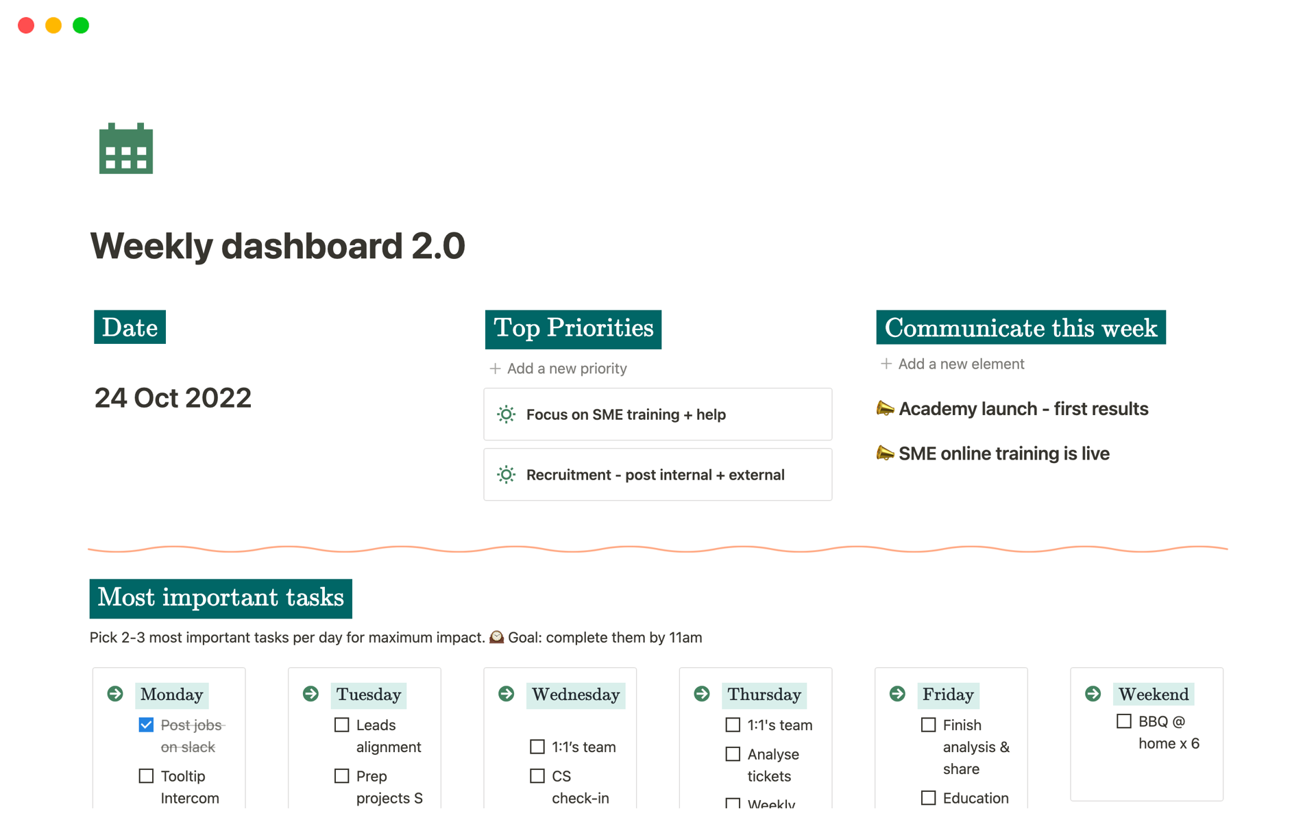 The weekly dashboard serves as your go-to place every day of the week to ensure everything important is done.