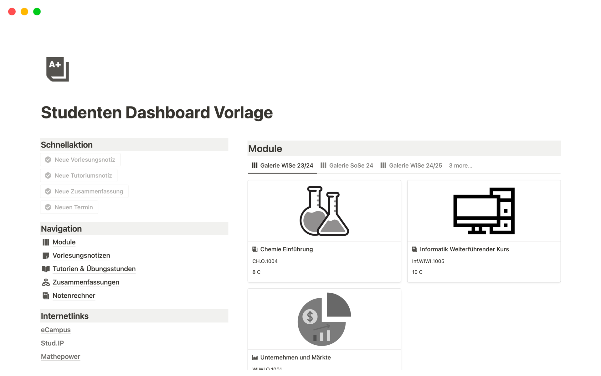 A template preview for Studenten Dashboard Vorlage