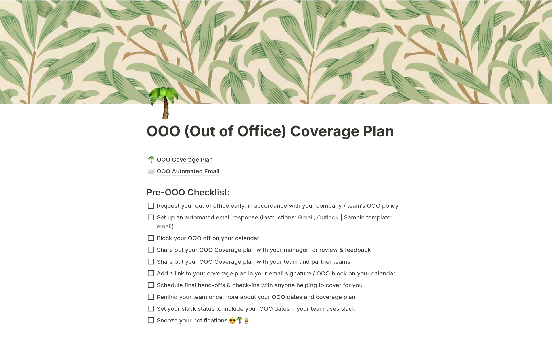 The OOO Coverage Plan template includes a pre-OOO checklist, an OOO email template, and an OOO Coverage Plan to fill in.