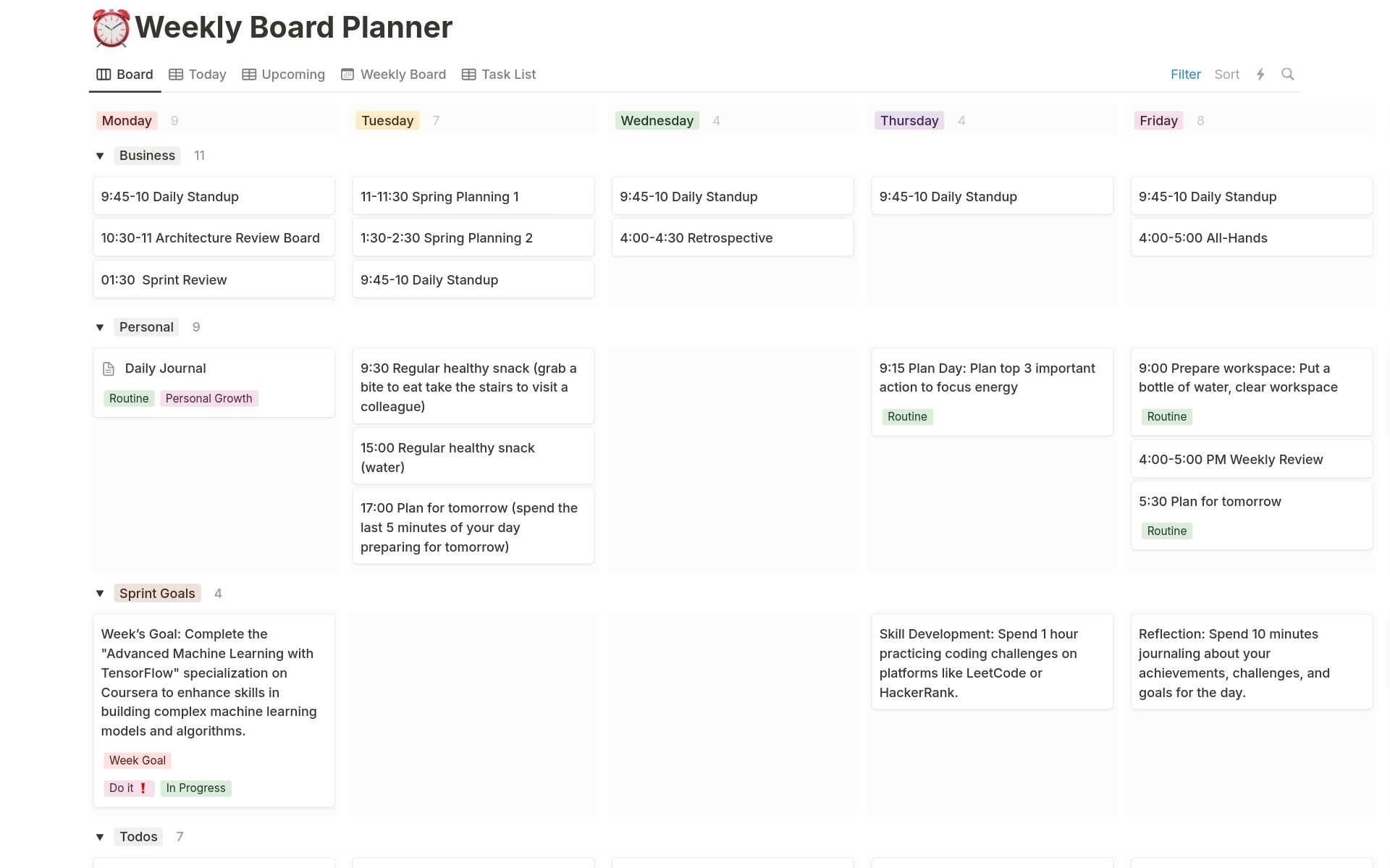 En förhandsgranskning av mallen för Weekly Board Planner