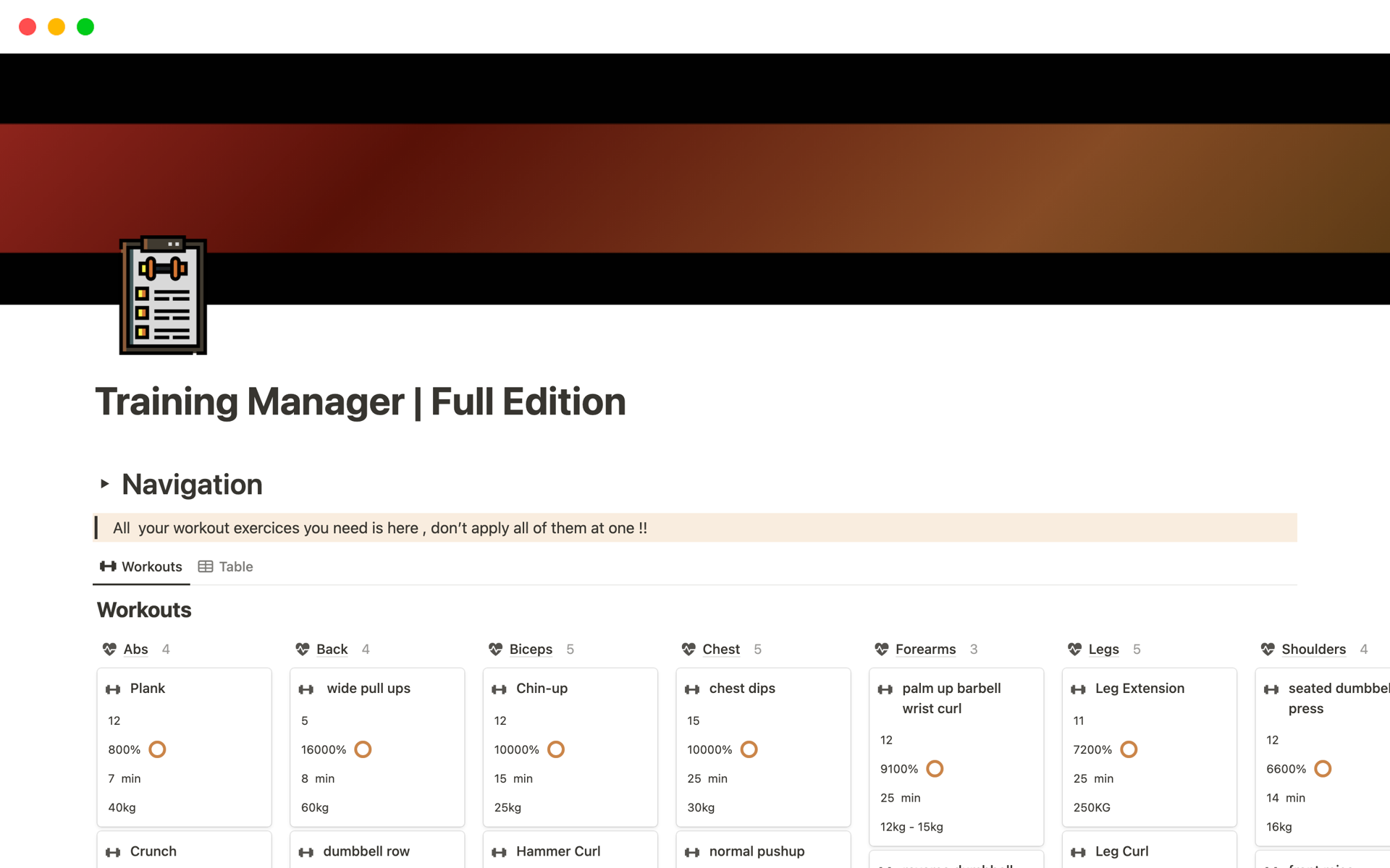 A template preview for Training Manager | Full Edition