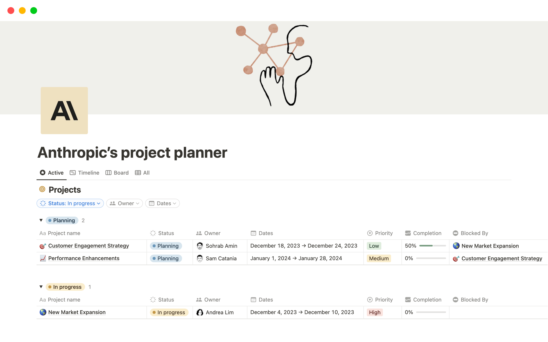 A template preview for Anthropic's project planner