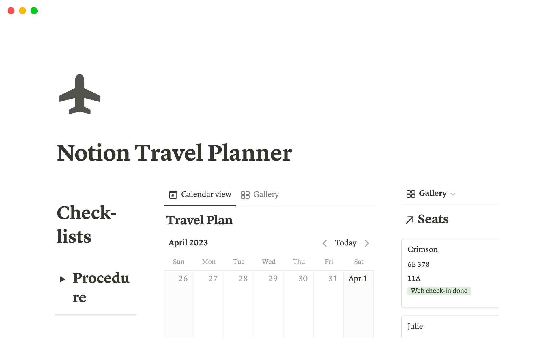 A template preview for Notion Travel Planner