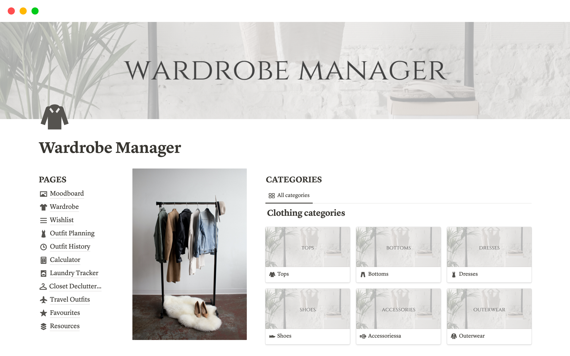 This template is perfect to manage your wardrobe for a minimalist organized closet. 