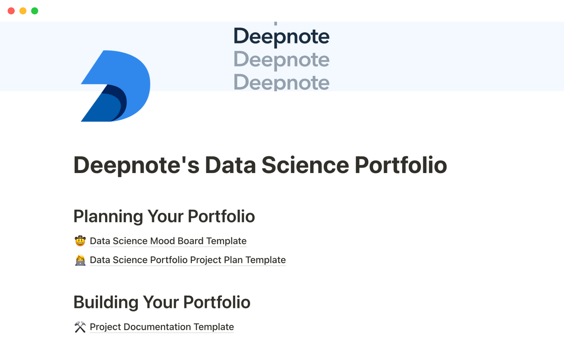 Deepnote's data science portfolioのテンプレートのプレビュー