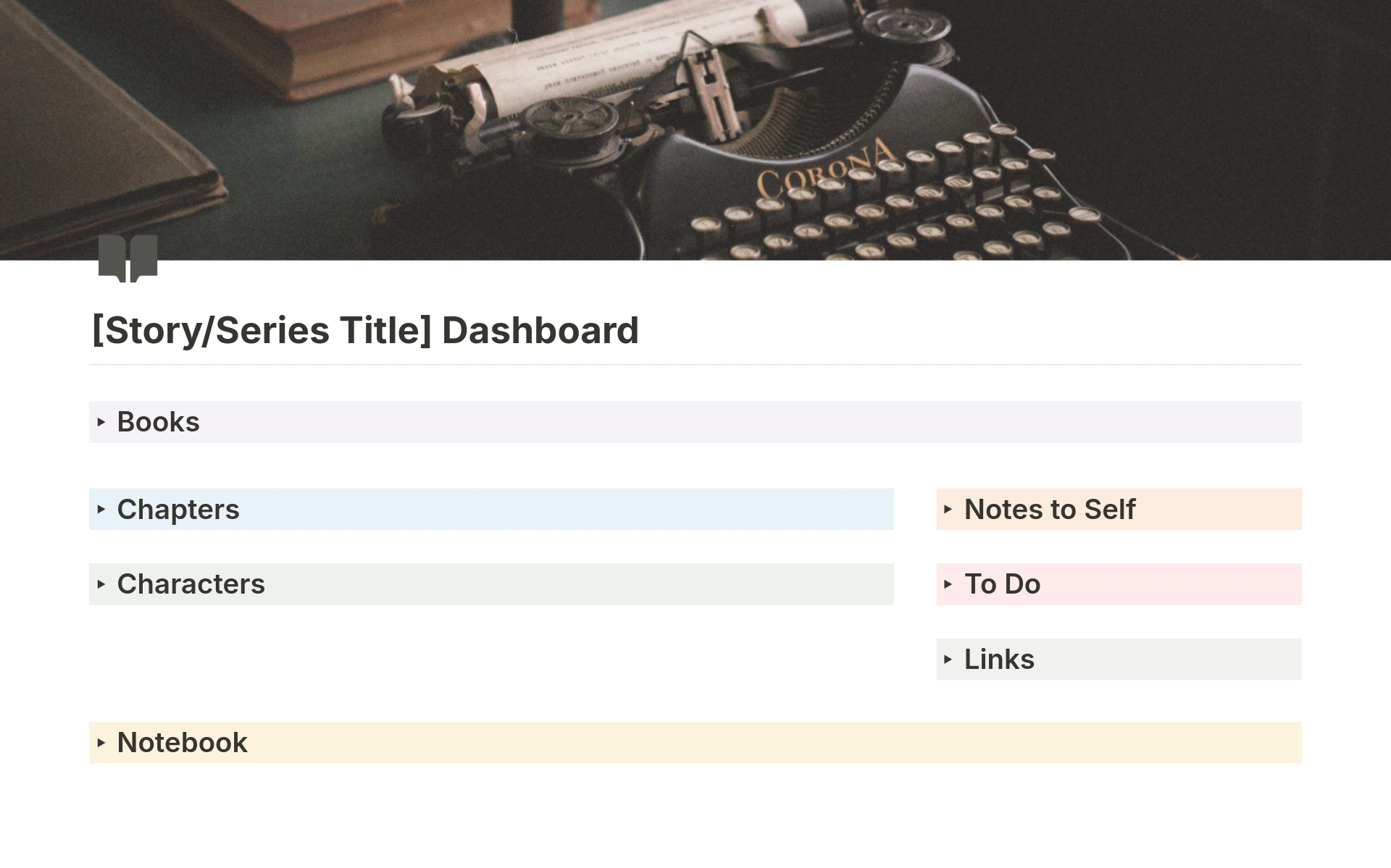 A template preview for Story/Series Writing Dashboard (Rainbow)