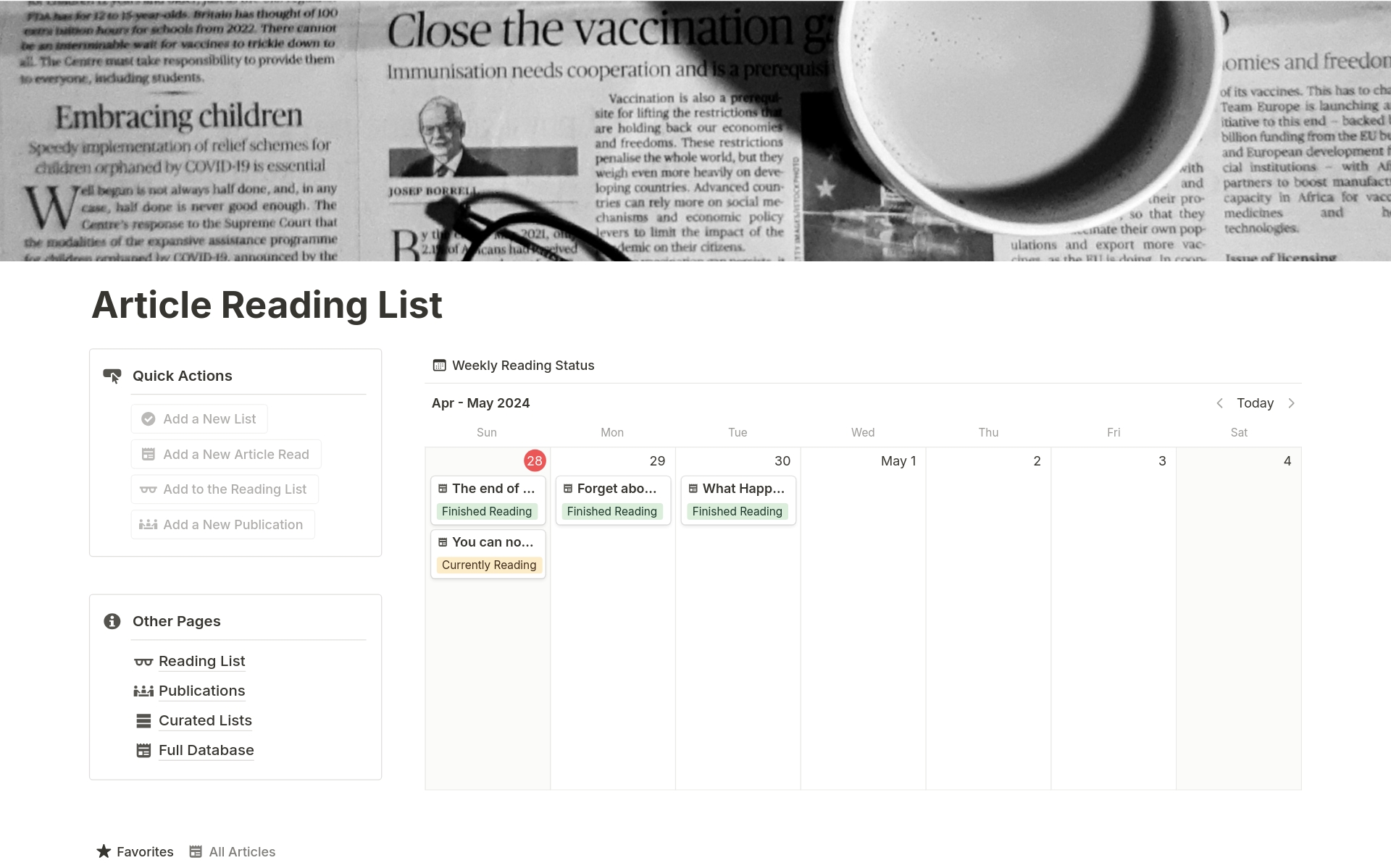 A template preview for Article Reading List