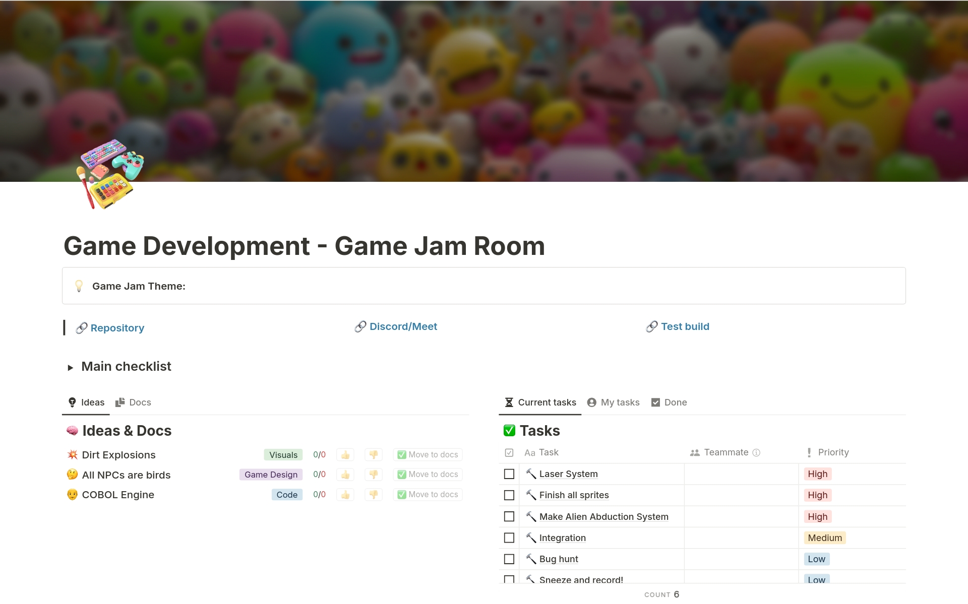 Optimize your game development process during intense game jams with this all-in-one template, designed to help both teams and solo developers in managing every aspect of a short-term development process, from ideation to asset management.