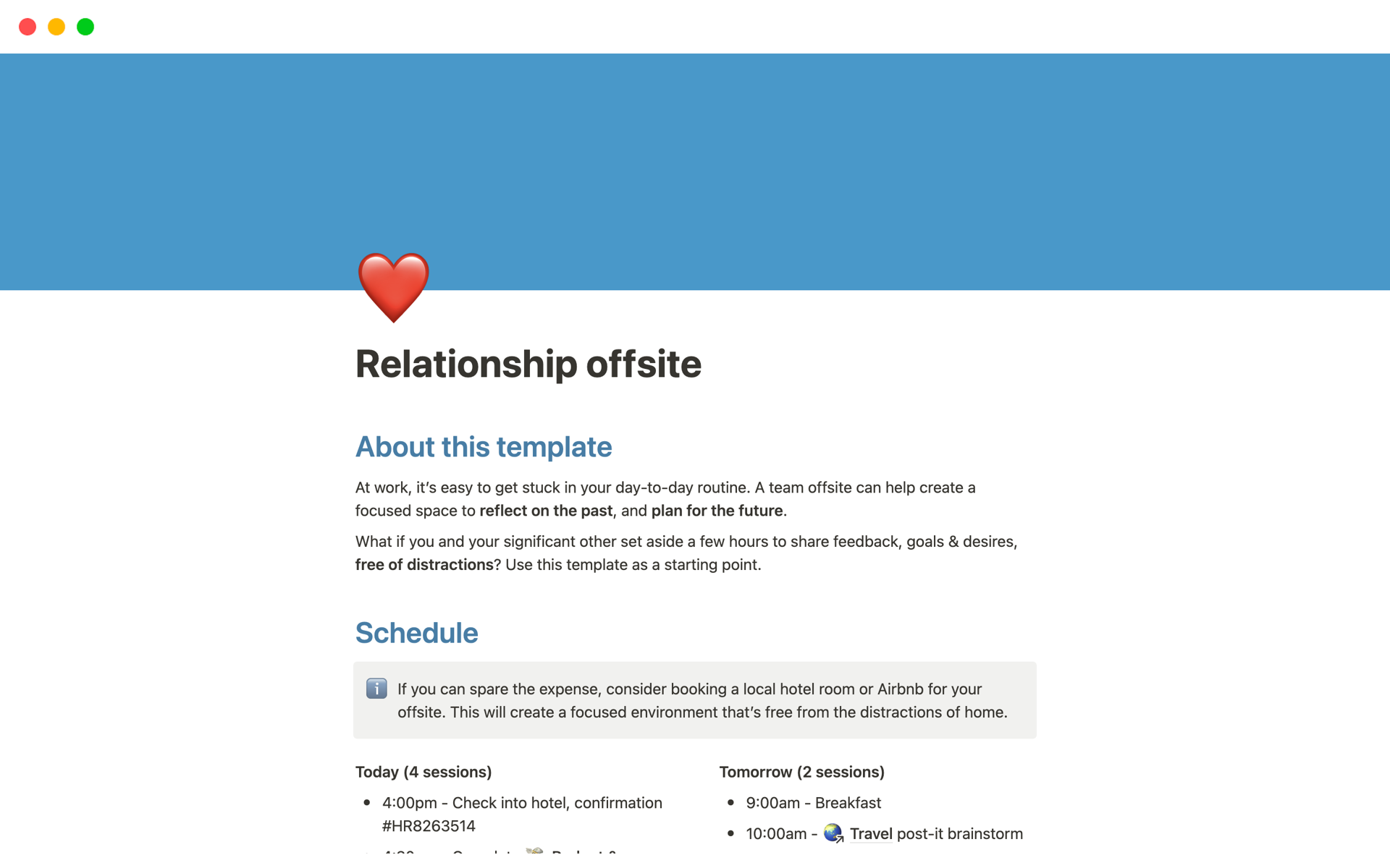 A template preview for Relationship offsite