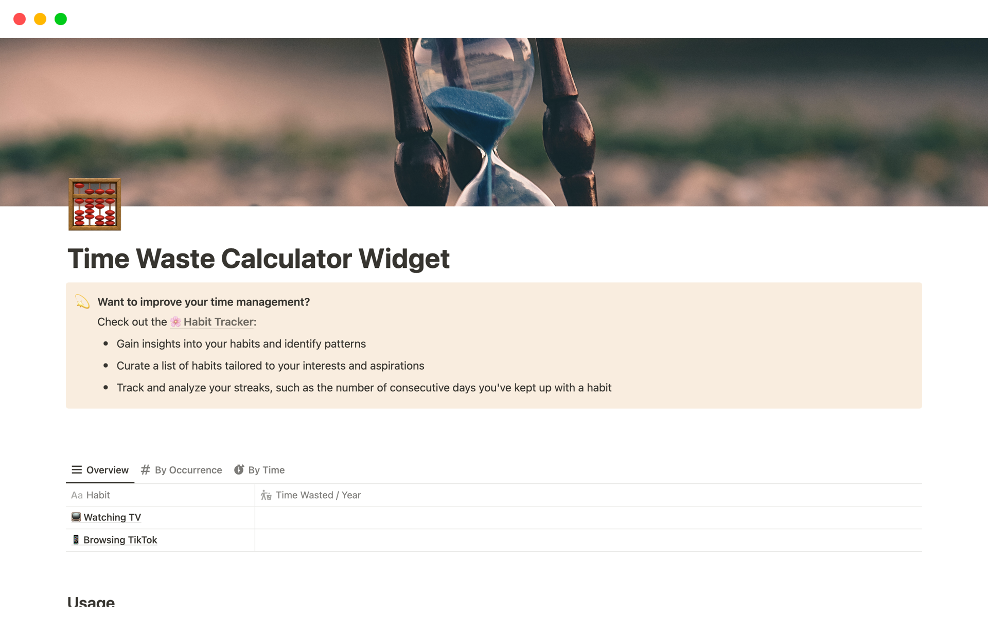 Eine Vorlagenvorschau für Time Waste Calculator Widget