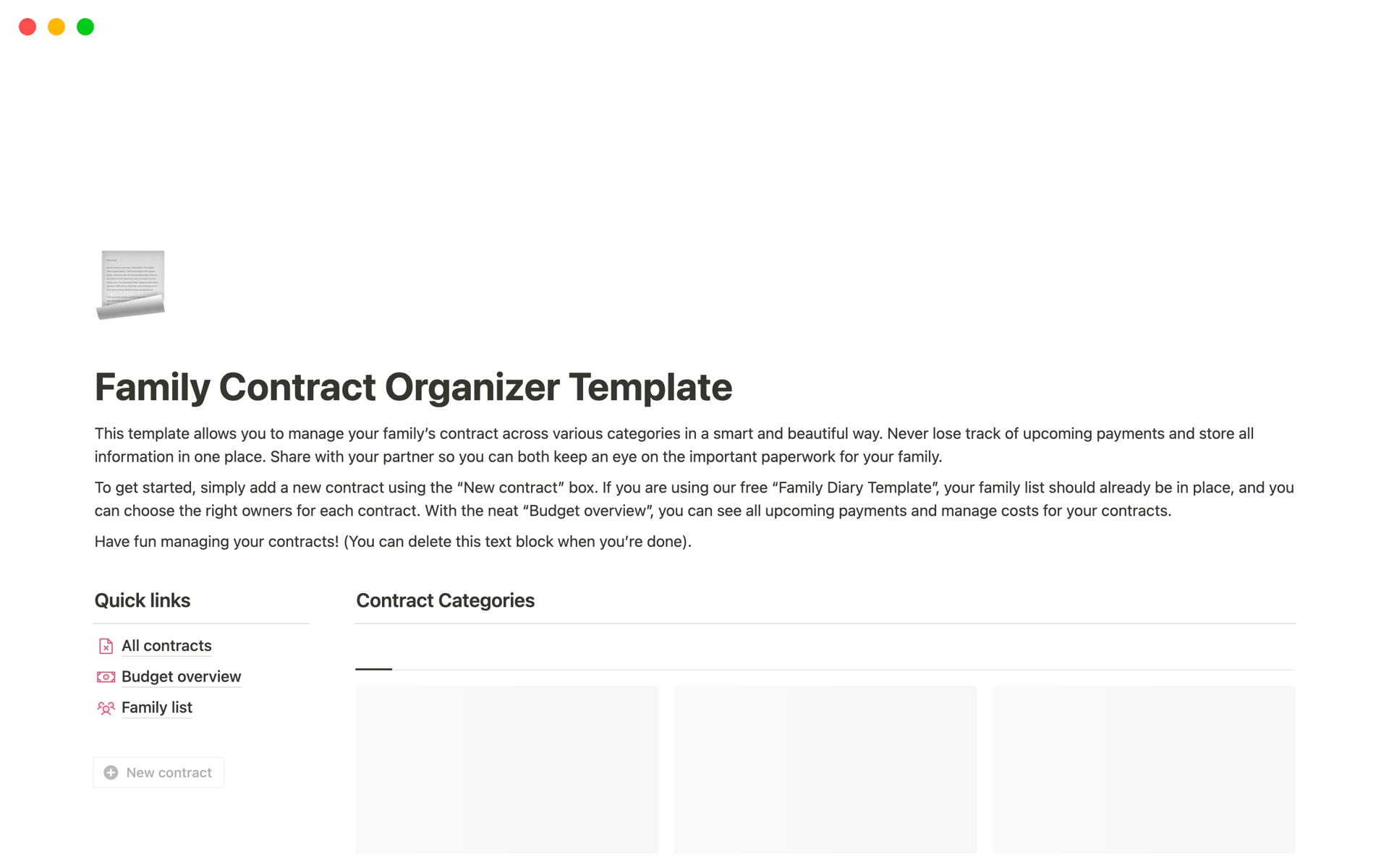 A template preview for Family Contract Organizer