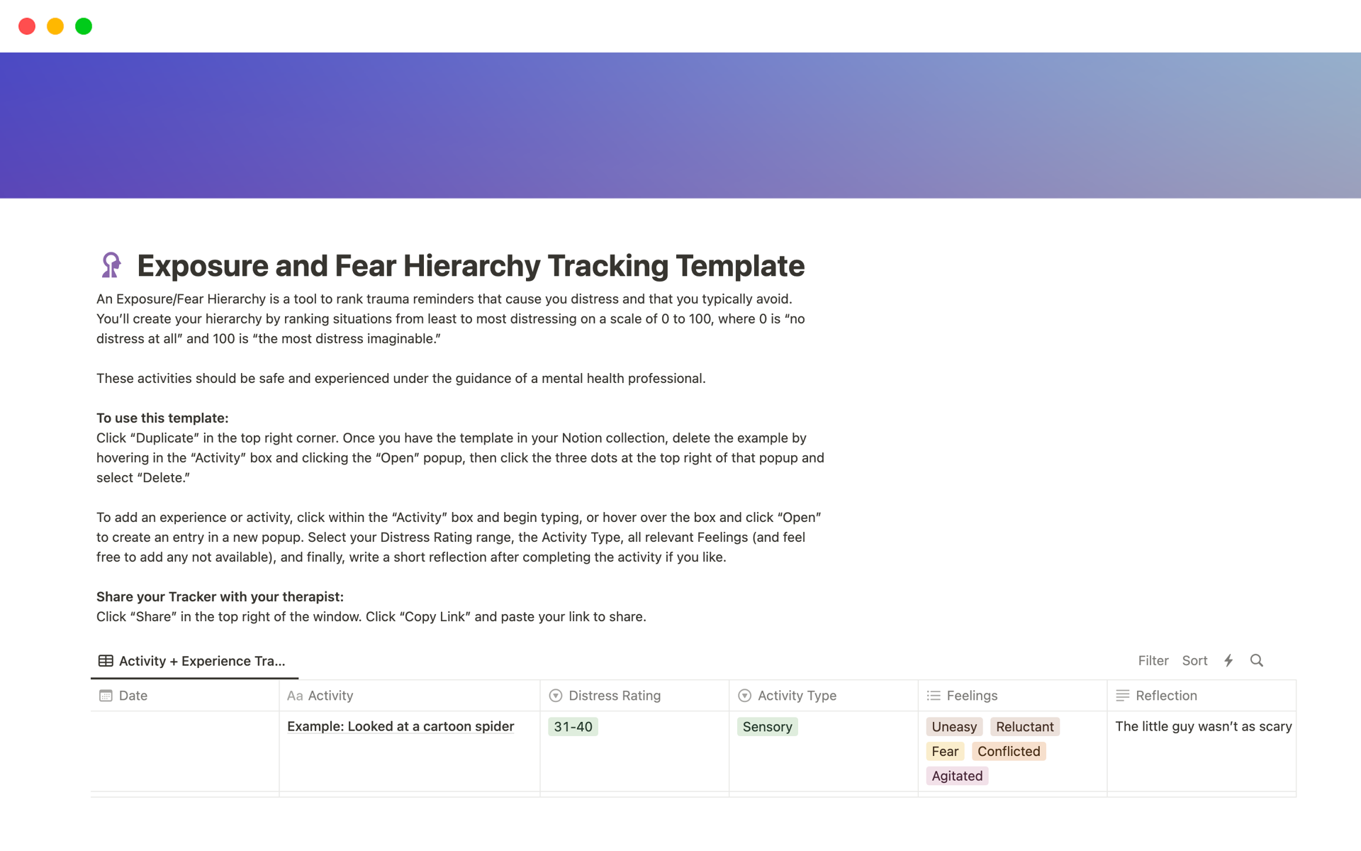 A template preview for Exposure + Fear Hierarchy Tracking