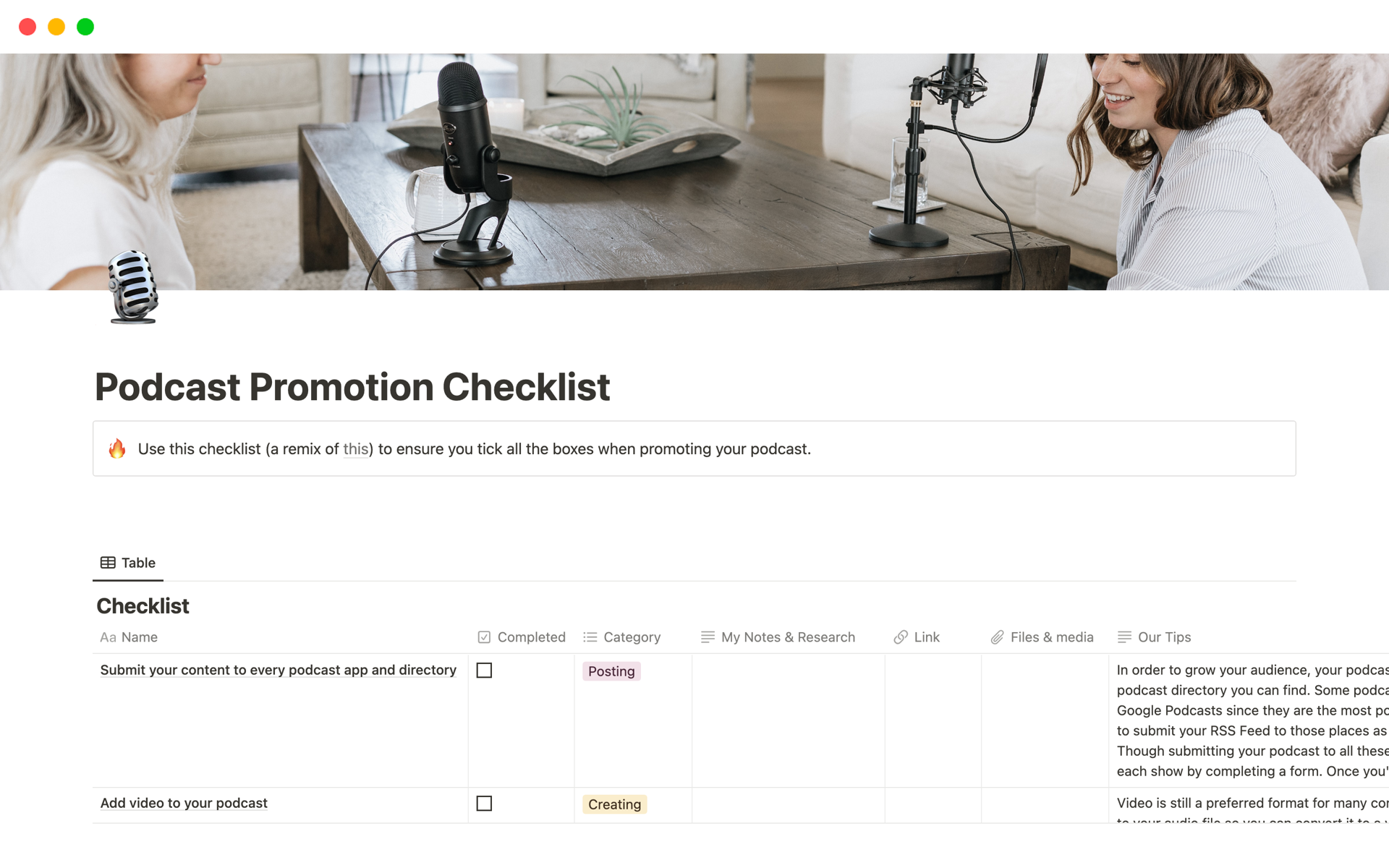 This Notion checklist template is perfect for running through different podcast promotion ideas to find the best ways to grow your podcast audience.
