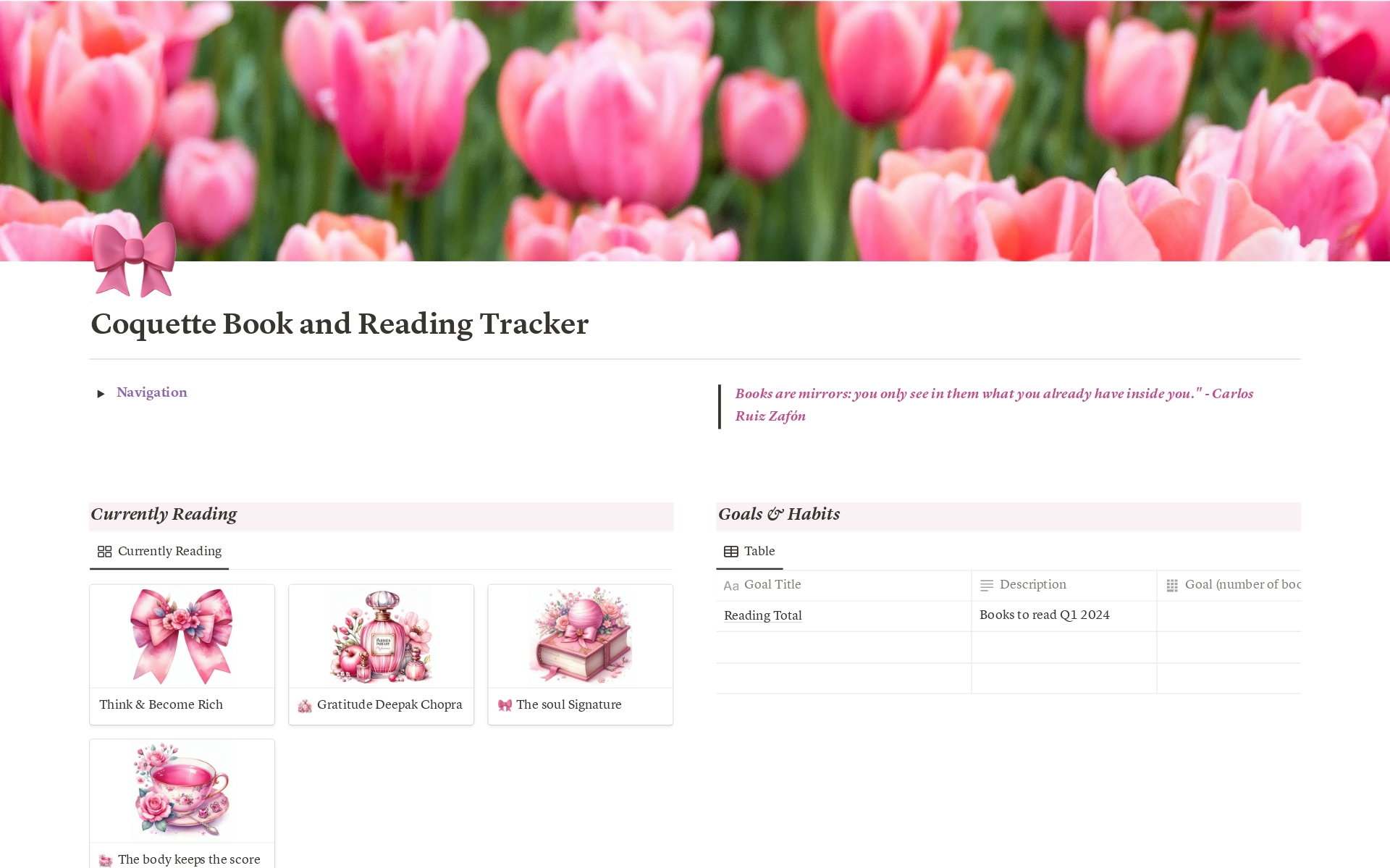A template preview for Coquette Book Tracker 
