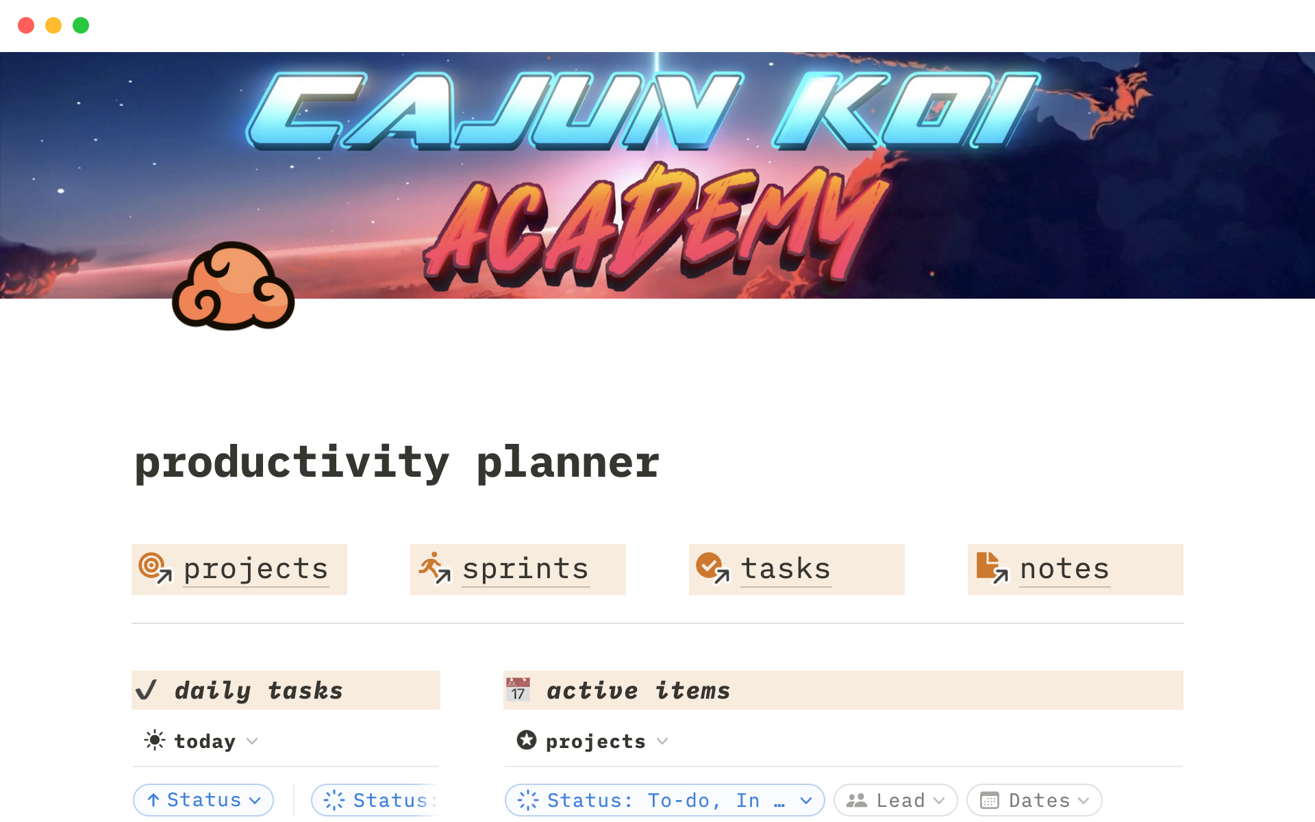 A template preview for Cajun Koi's Project Planner
