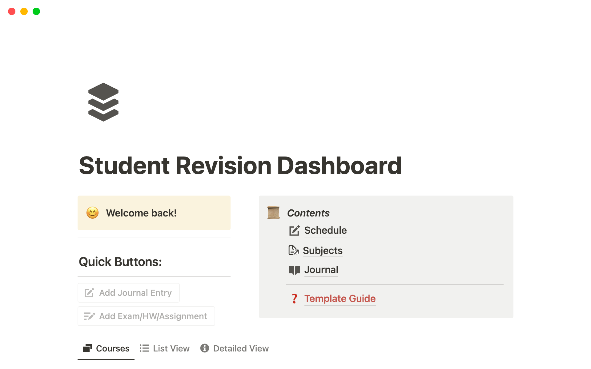 A template preview for Student Revision Dashboard