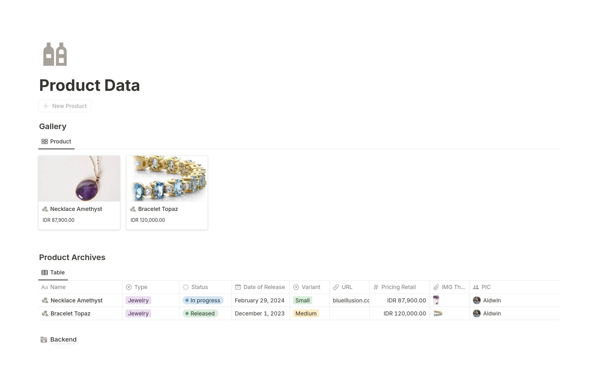 Optimize product management with our Notion template. Catalog product data with images, release dates, statuses, variants, and URLs for seamless organization. Streamline your cataloging process and ensure comprehensive product information accessibility for efficient management.