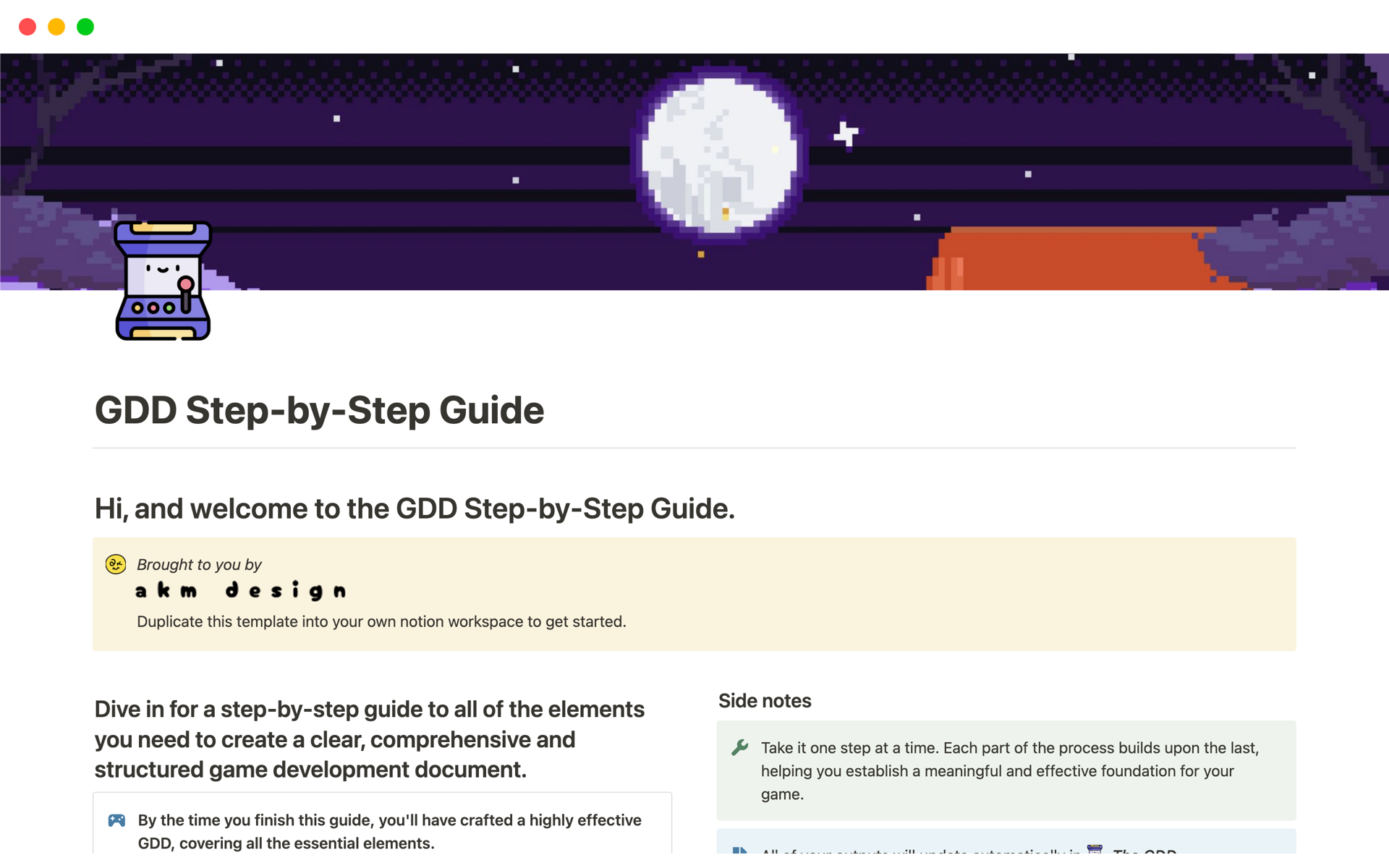 Vista previa de una plantilla para GDD Step-by-Step Guide