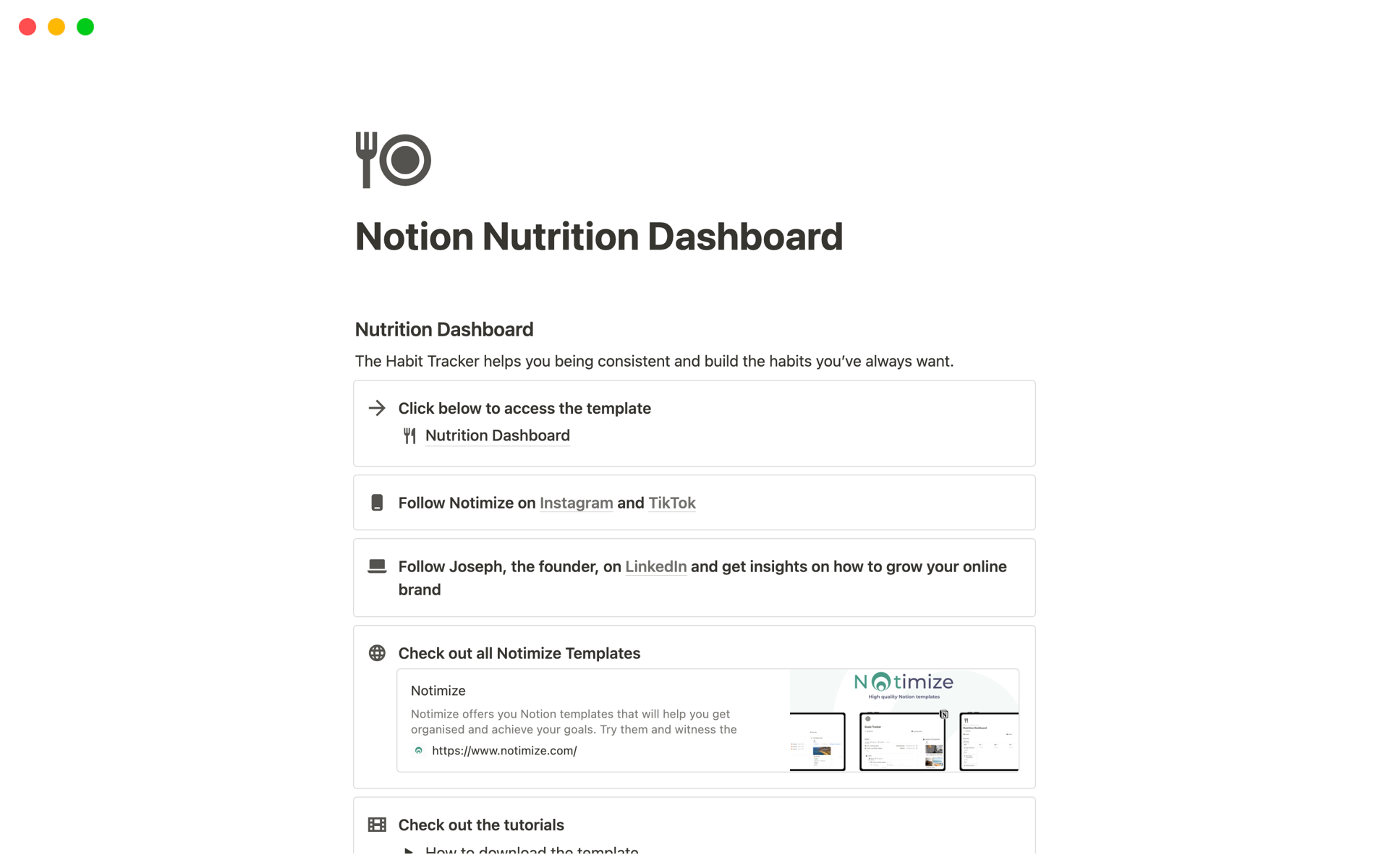 A template preview for Nutrition Dashboard