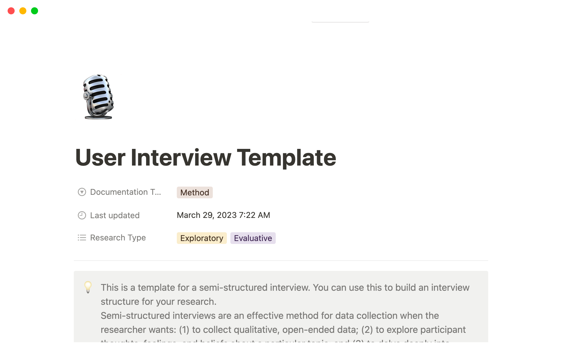A template preview for User Interview Template