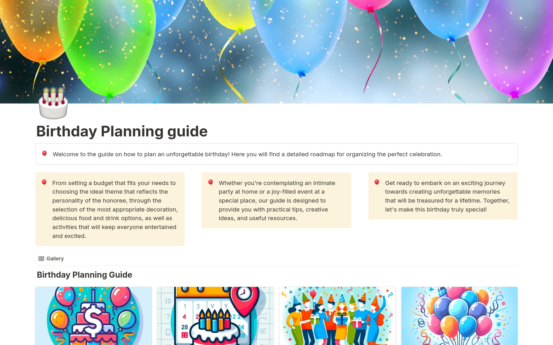 En forhåndsvisning av mal for Birthday Planning Guide