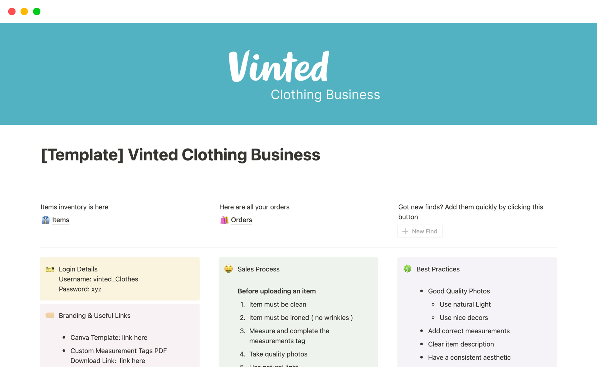 A template preview for Vinted Clothing Business