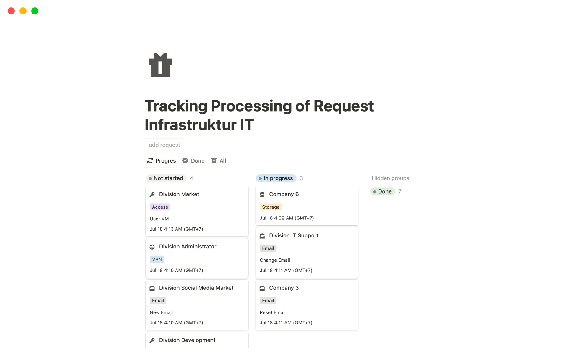 Vista previa de una plantilla para Tracking Processing of Request Infrastruktur IT