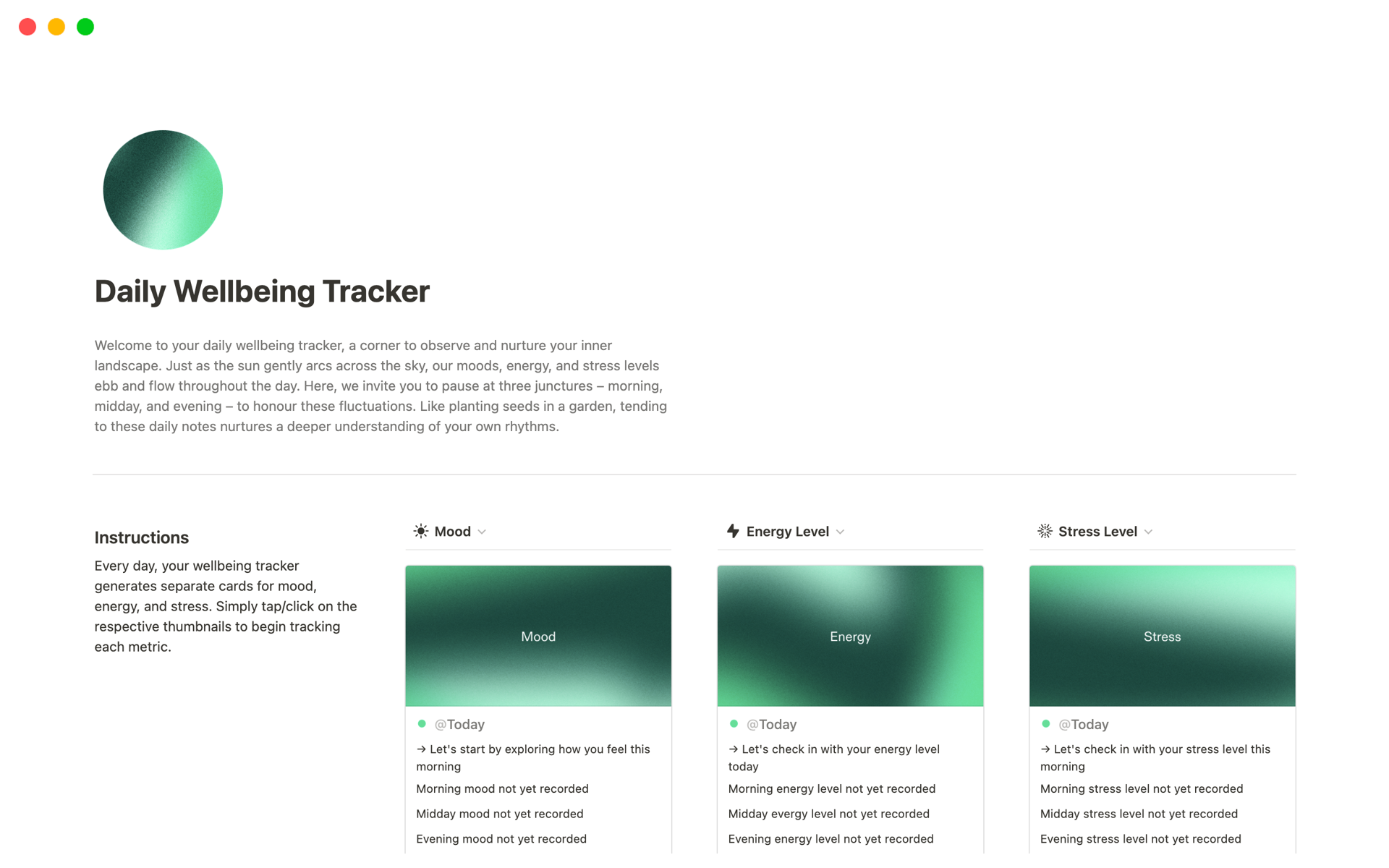 A template preview for Daily Wellbeing Tracker