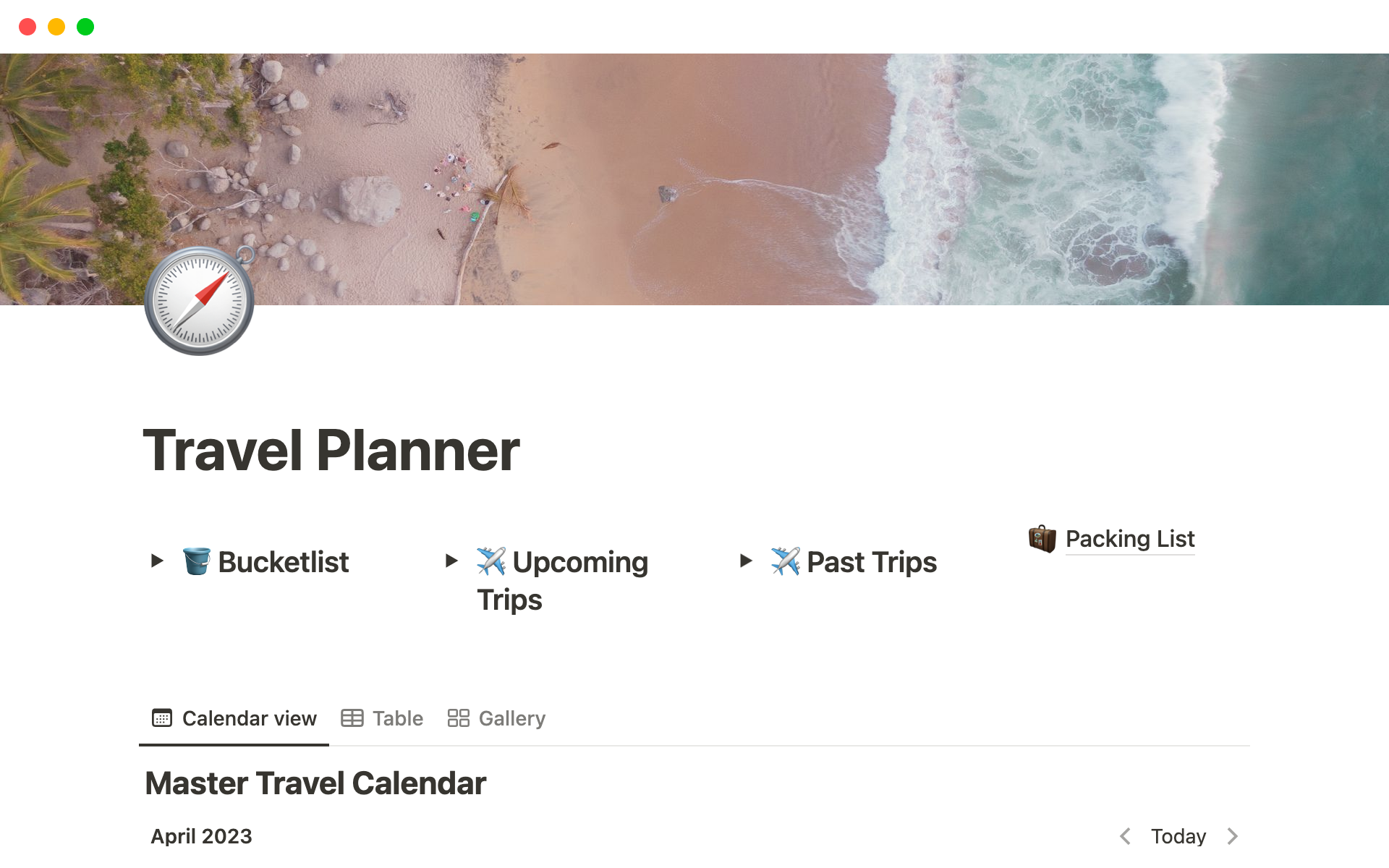 A template preview for Travel Planning Template