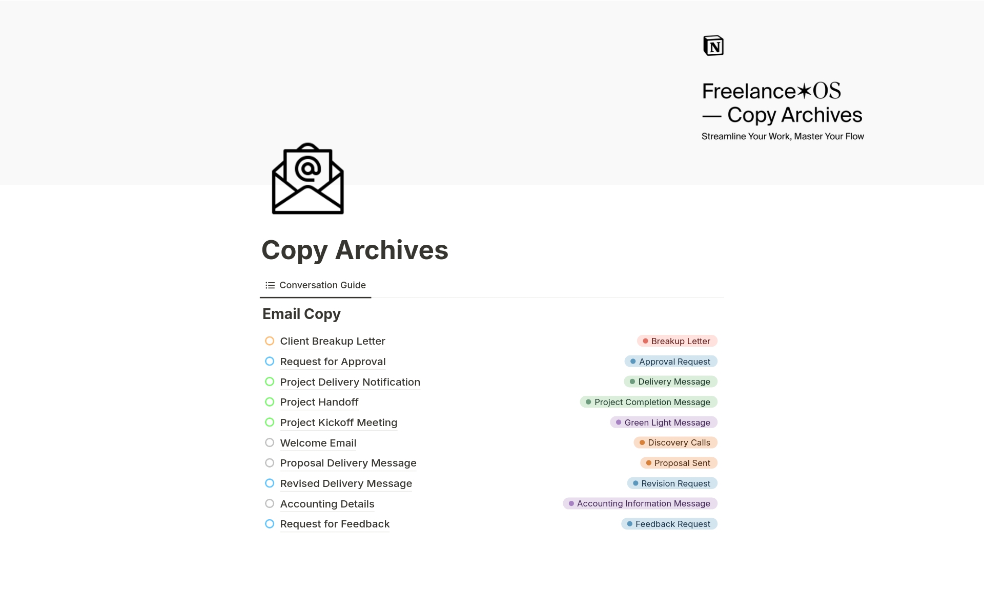 A template preview for Copy Archives Pre-written Email for Freelancer