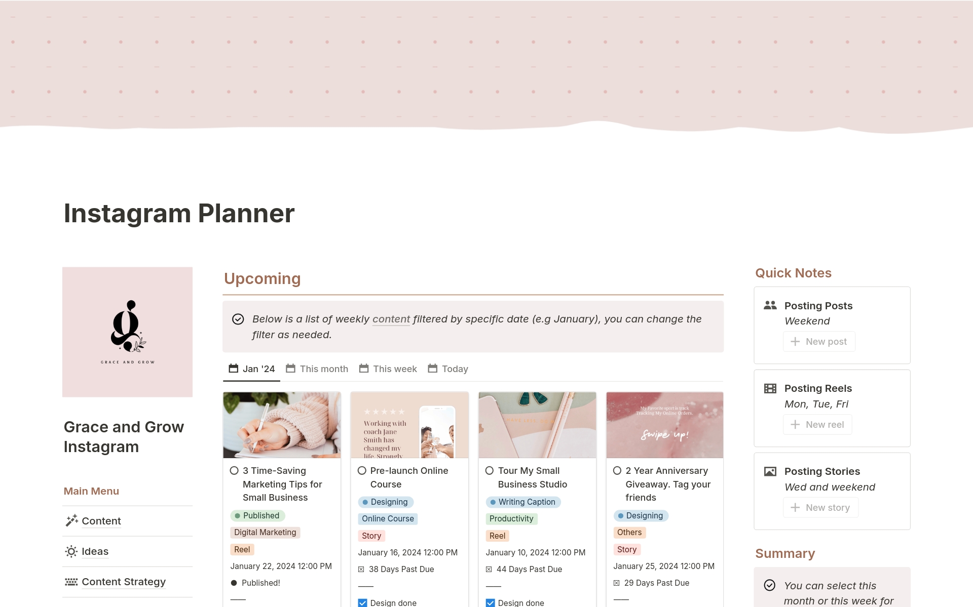 A template preview for Instagram Content Planner